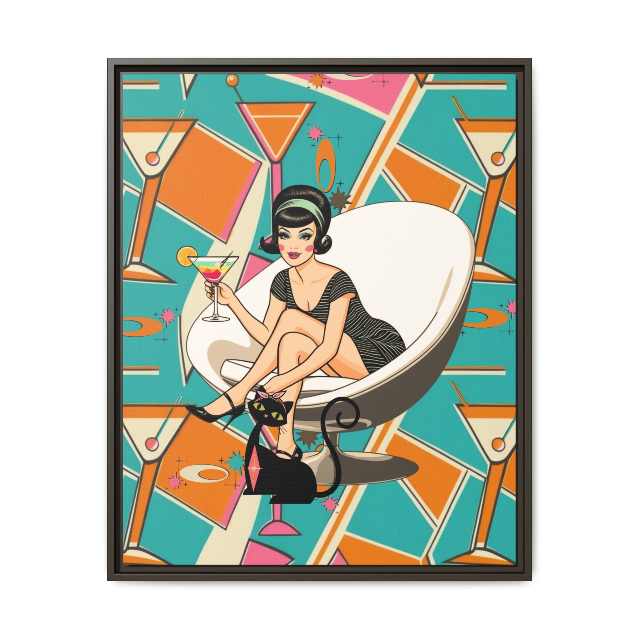 Mid Mod 60s Gal, Atomic Cat Barware Wall Art - Framed Matte Canvas with Vintage Cocktail And Retro Cat Design - Mid Century Modern Gal