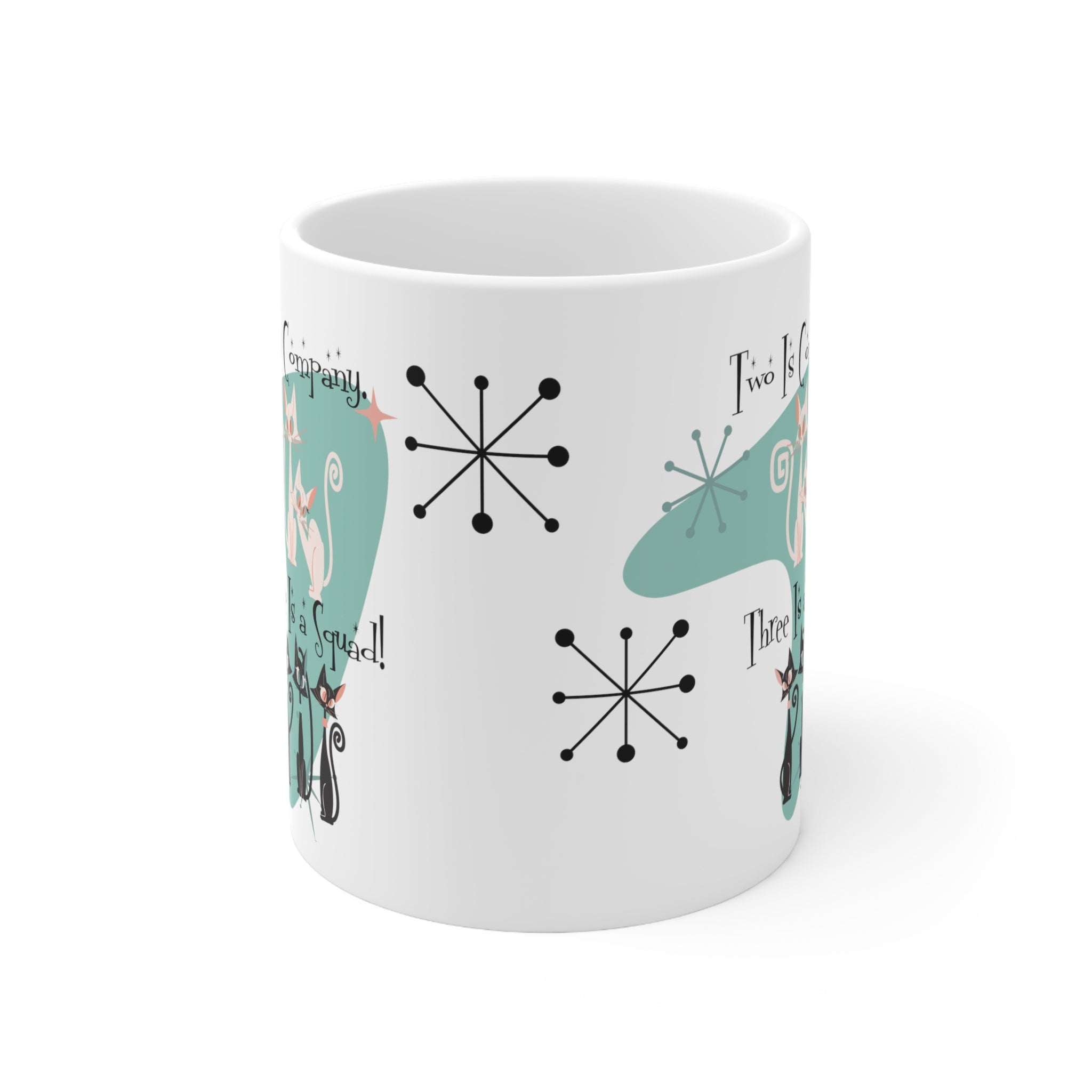 Three Is A Squad, Cat Mom, Best Friends Coffee Mug, Kitschy Cute Atomic Kitties Ceramic Mug 11oz - Mid Century Modern Gal