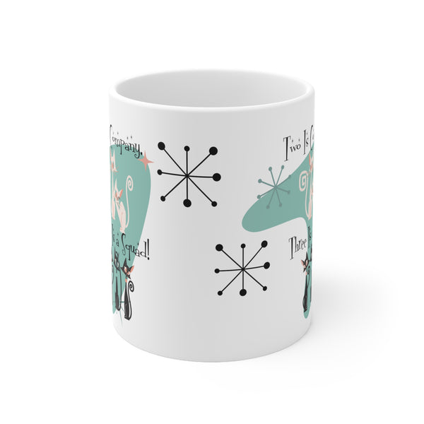 Three Is A Squad, Cat Mom, Best Friends Coffee Mug, Kitschy Cute Atomic Kitties Ceramic Mug 11oz