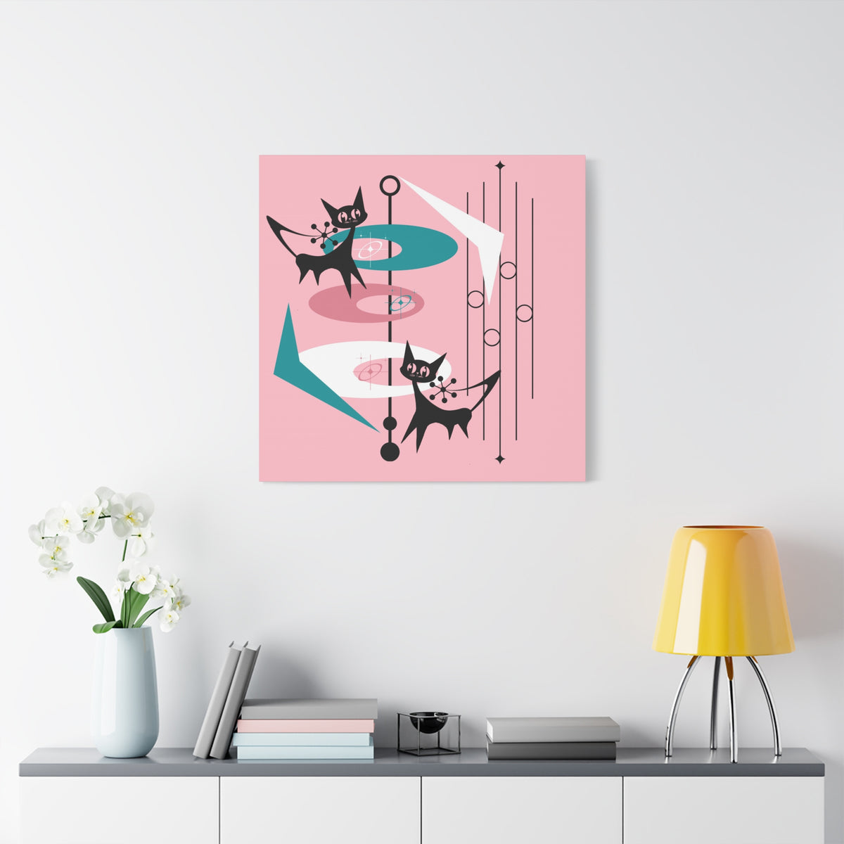 Atomic Cat Pink Abstract Minimalist Mid Century Modern Wall Canvas Art - Modern Geometric Wall Decor - Mid Century Modern Gal