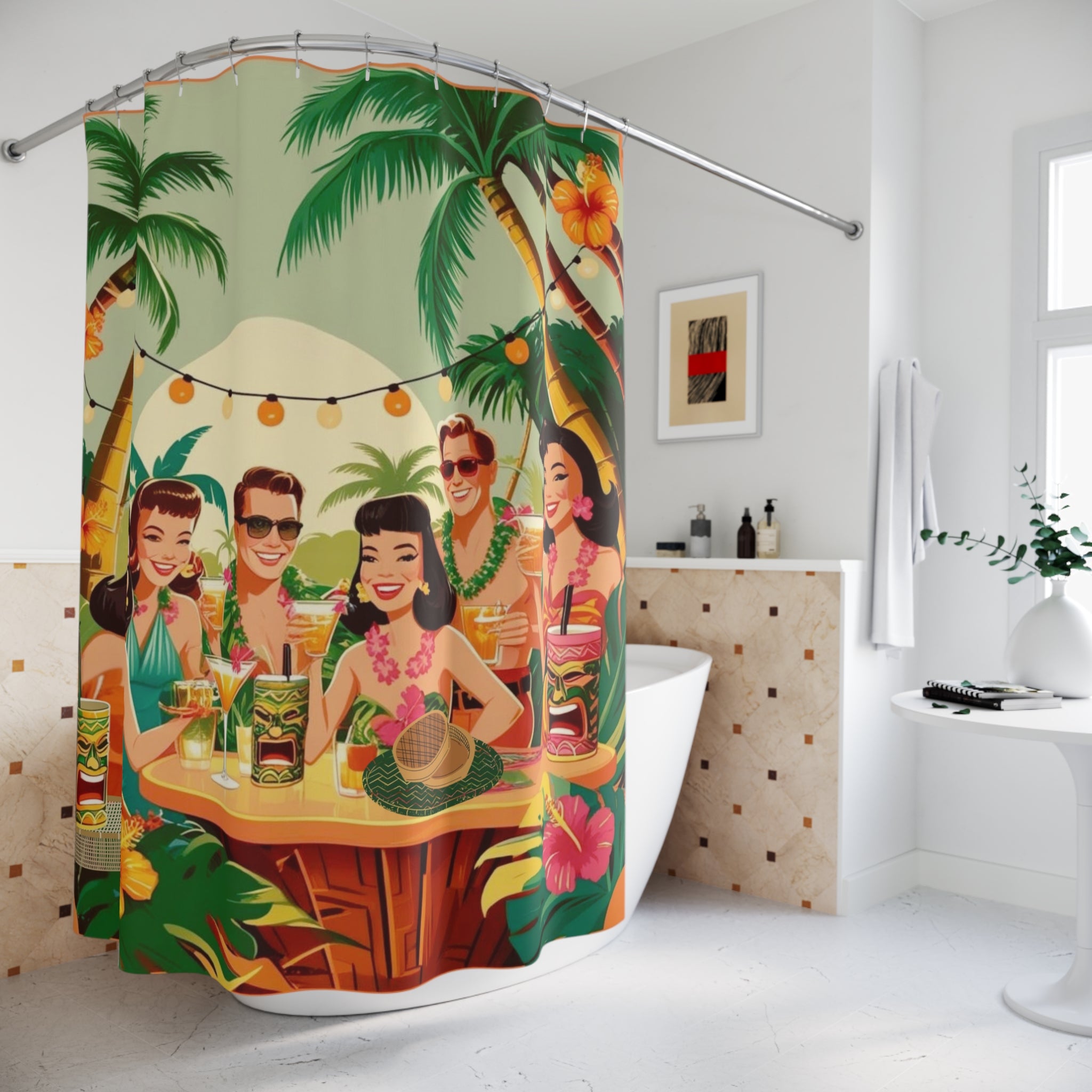 Mid Century Modern Tiki Party, Tropical Retro Shower Curtain - Vintage Beach Party Design - Mid Century Modern Gal