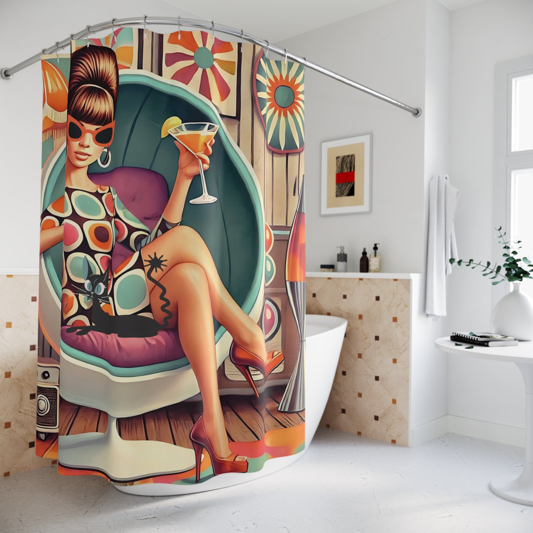 60s Mid Mod Gal, Martini Lover, Atomic Cat Kitschy Retro Glam Shower Curtain with Chic Retro Design - Mid Century Modern Gal