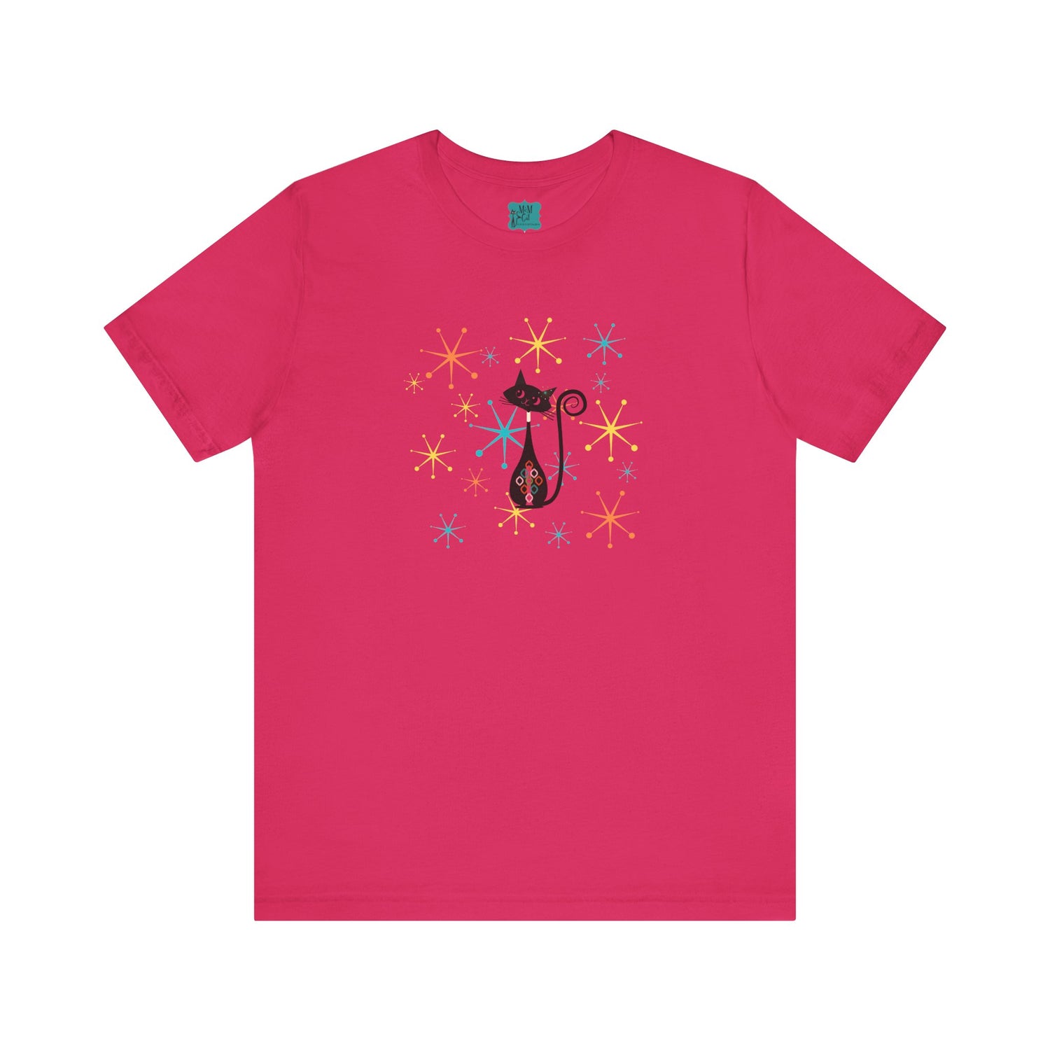 Atomic Cat Mid Century Modern Starburst Whimsical Cat Short Sleeve Tee - Colorful Star Design - Mid Century Modern Gal