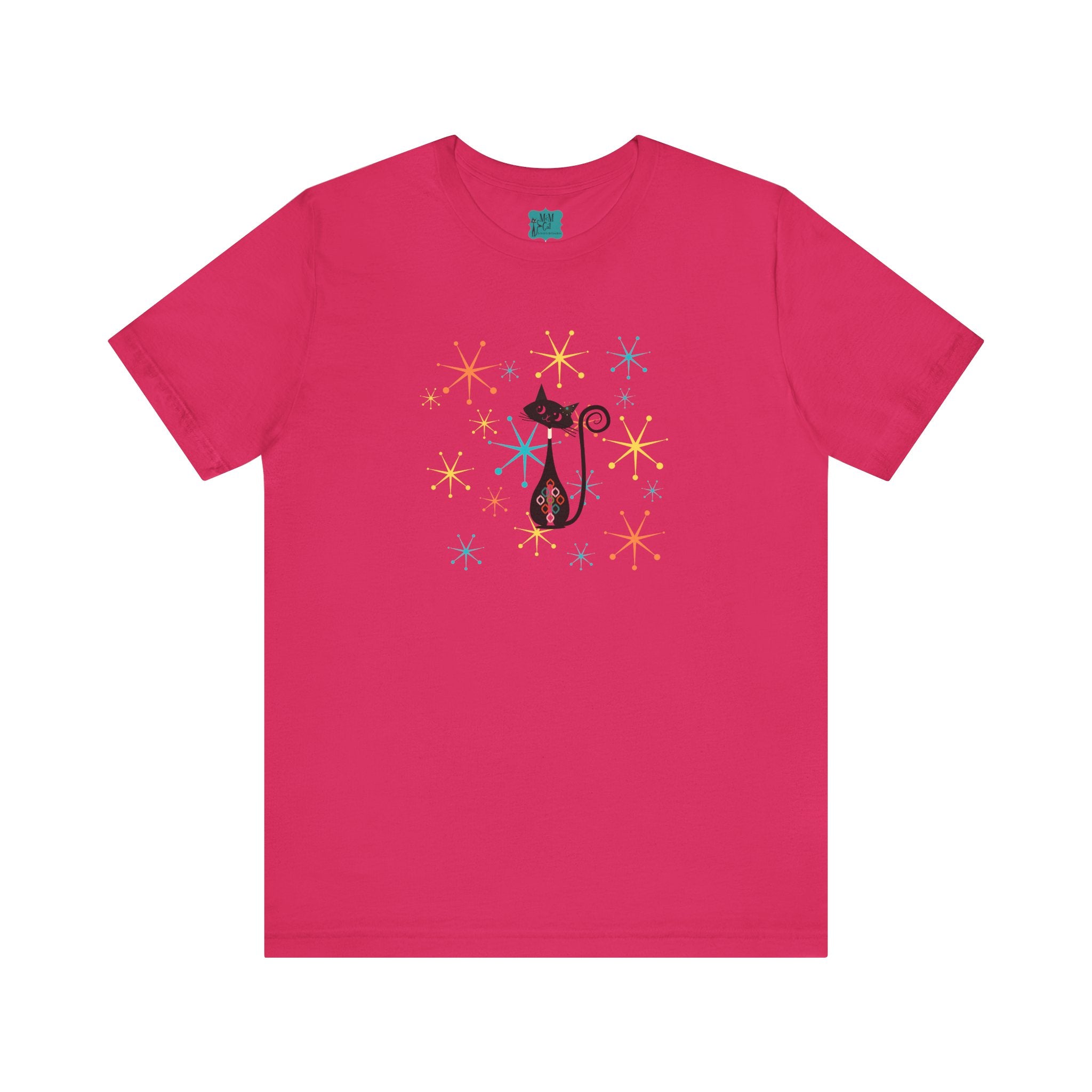 Atomic Cat Mid Century Modern Starburst Whimsical Cat Short Sleeve Tee - Colorful Star Design - Mid Century Modern Gal