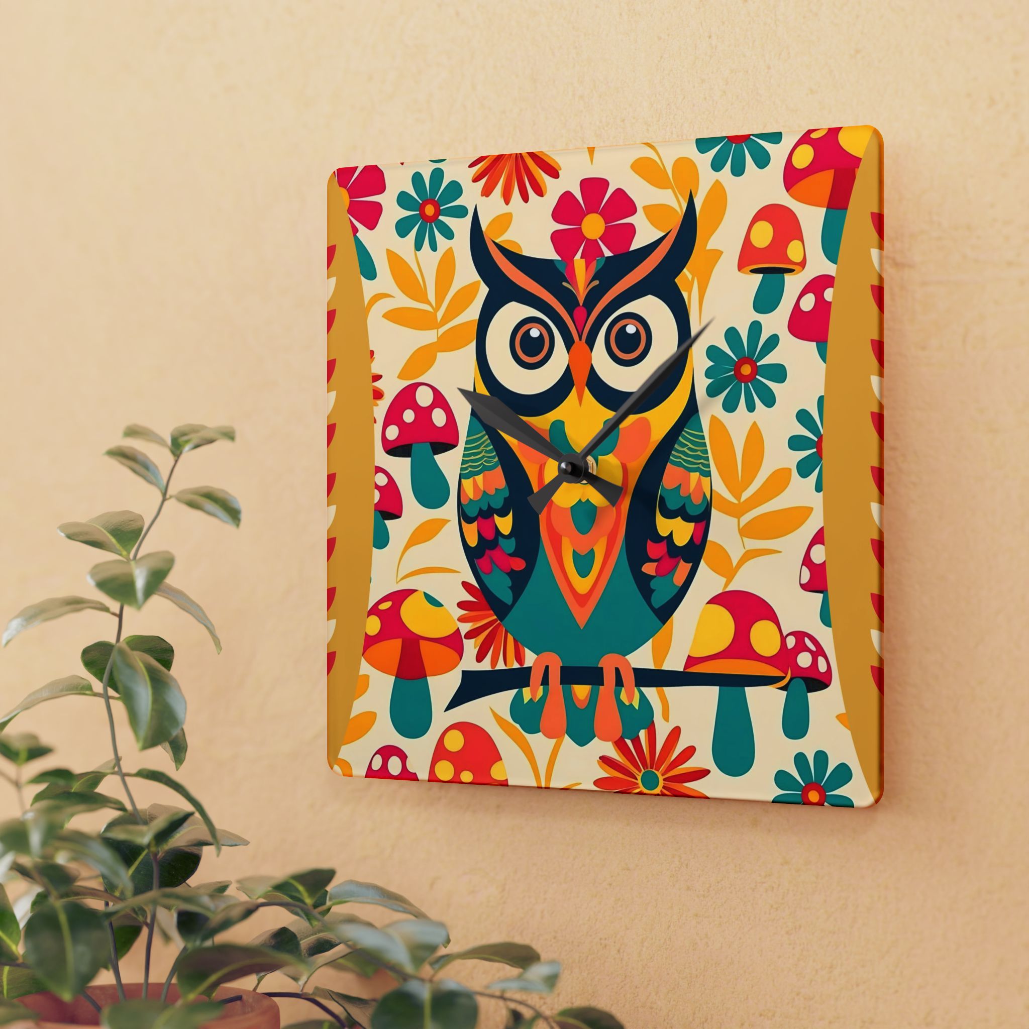 Colorful Retro Boho Owl, Groovy Mushrooms Acrylic Wall Clock - Whimsical Home Decor for Nature Lovers - Mid Century Modern Gal
