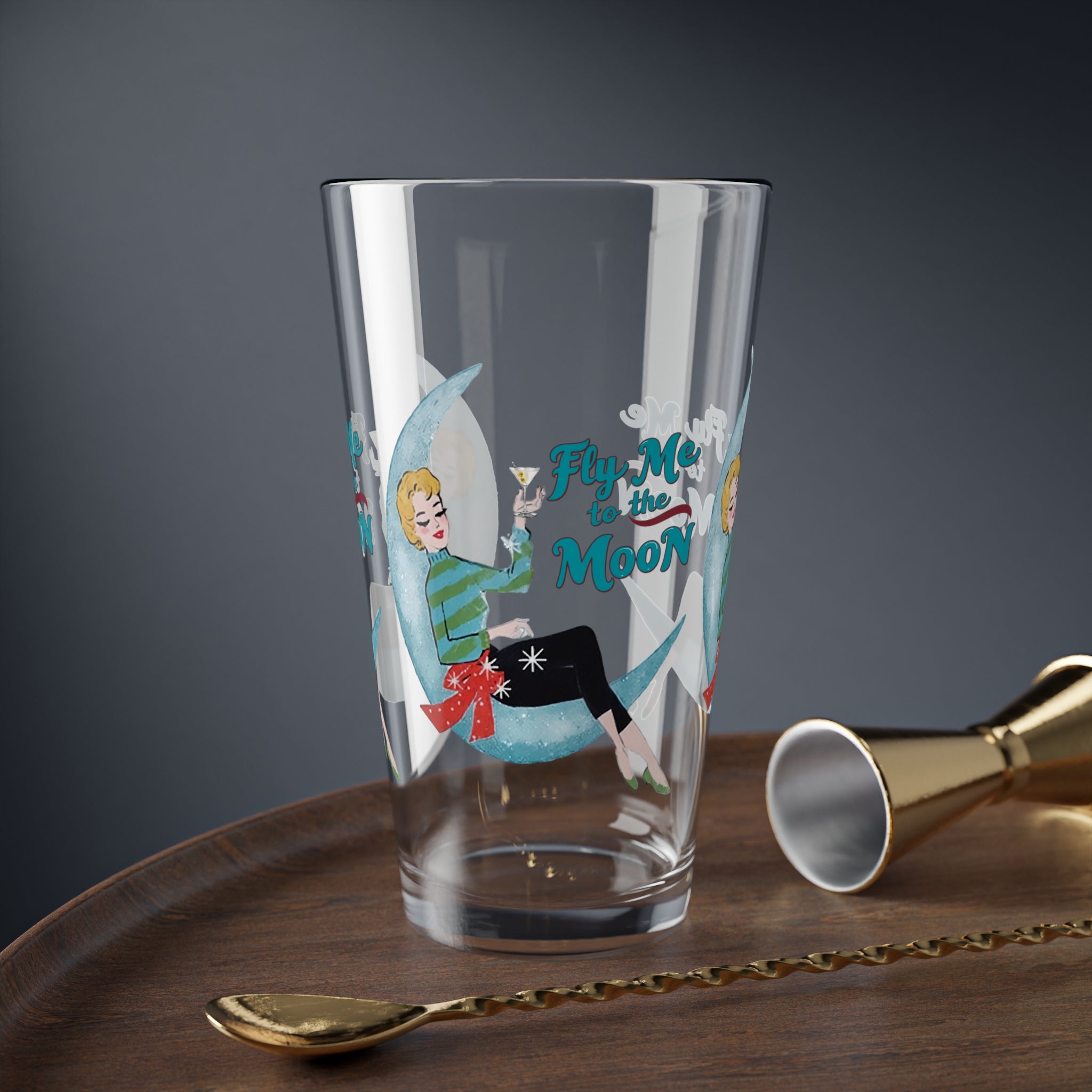 Mid Century Modern Christmas Kitsch Retro Mixing Glass - "Fly Me to the Moon" - 16oz Holiday Cocktail Cup - Mid Century Modern Gal