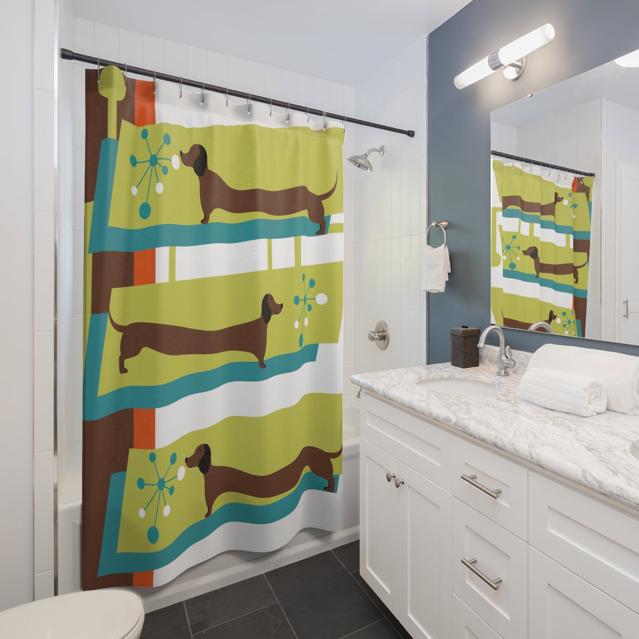 Mid Century Modern Doxie Dog, Dachshund Lover, Retro Mod Shower Curtains - Mid Century Modern Gal