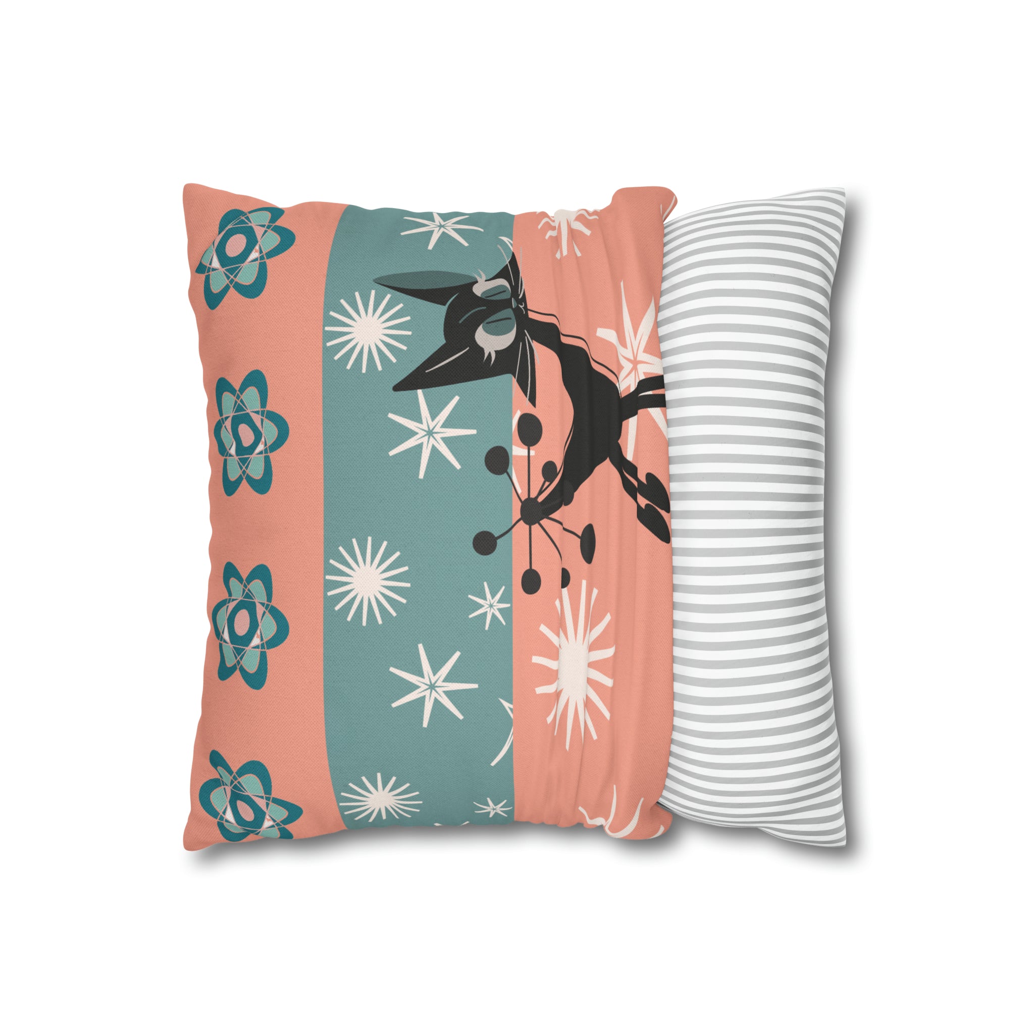 Atomic Kitschy Kittie, Black Cat Lover, Mid Century Modern Boomerang, Retro Coral, Teal, Starburst, 50s Pillow Case Cover - Mid Century Modern Gal
