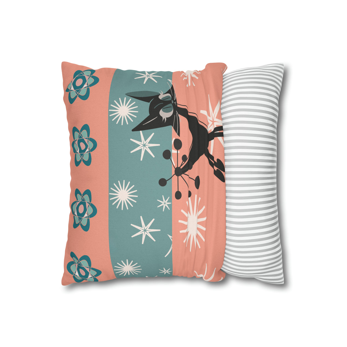 Atomic Kitschy Kittie, Black Cat Lover, Mid Century Modern Boomerang, Retro Coral, Teal, Starburst, 50s Pillow Case Cover - Mid Century Modern Gal