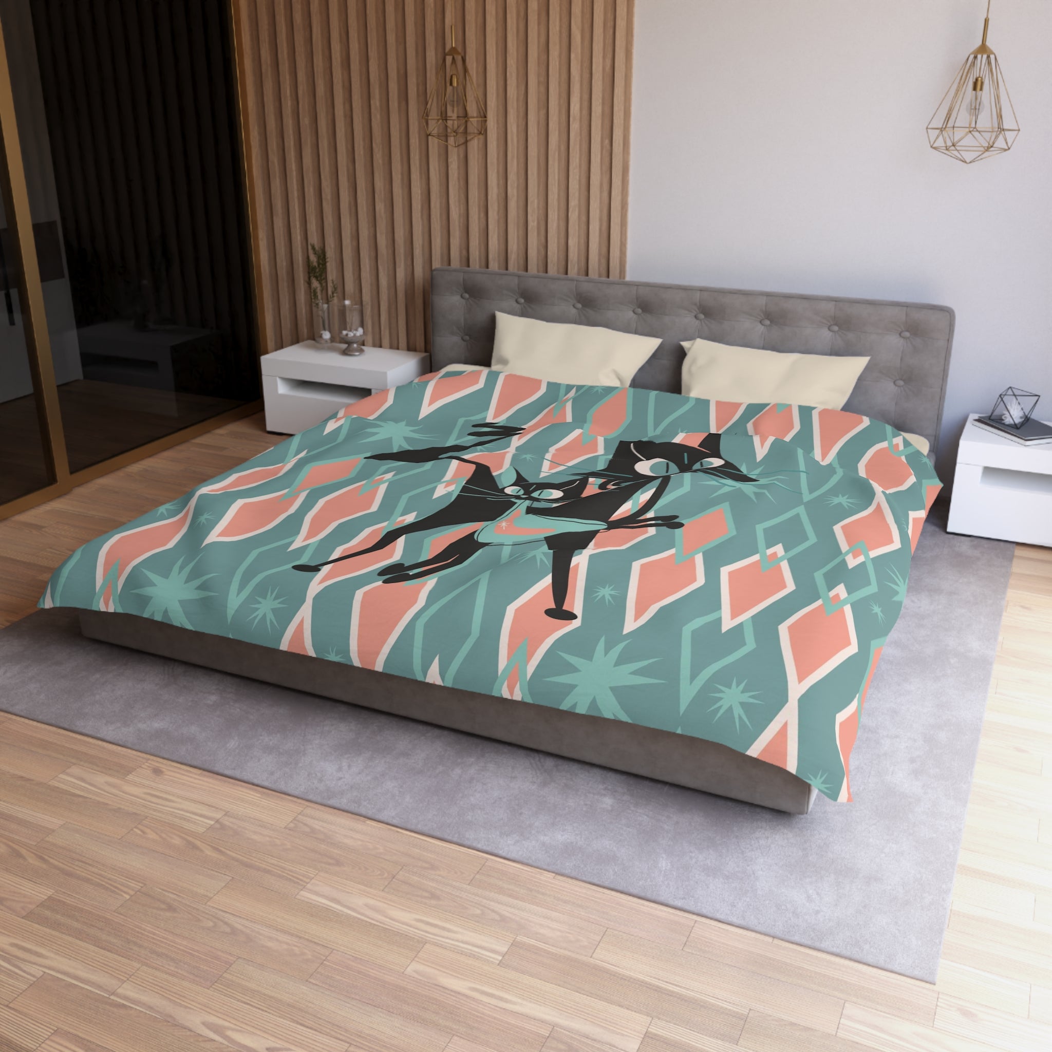 Atomic Cats Bedding, Pink, Aqua Harlequin Diamonds, Mid Century Moden Duvet Cover - Mid Century Modern Gal