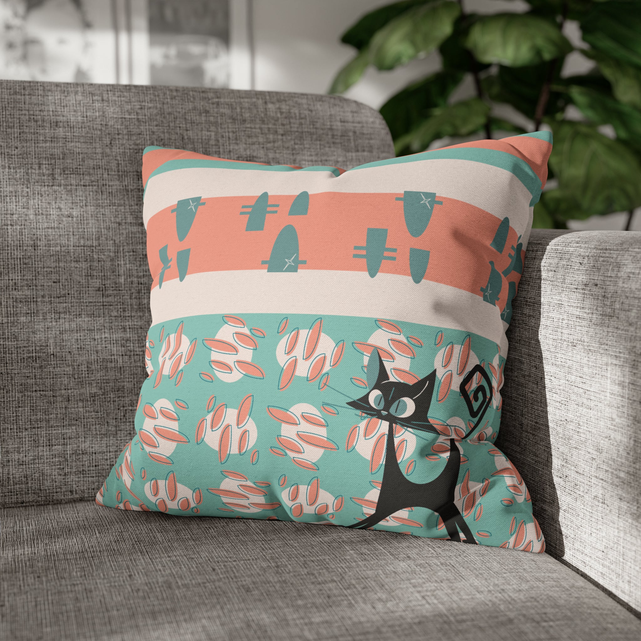 50s Nostalgic Atomic Cat Mid Century Modern Aqua, Coral Pink Peach, Kitschy Mid Century Modern Pillow Cover ONLY - Mid Century Modern Gal