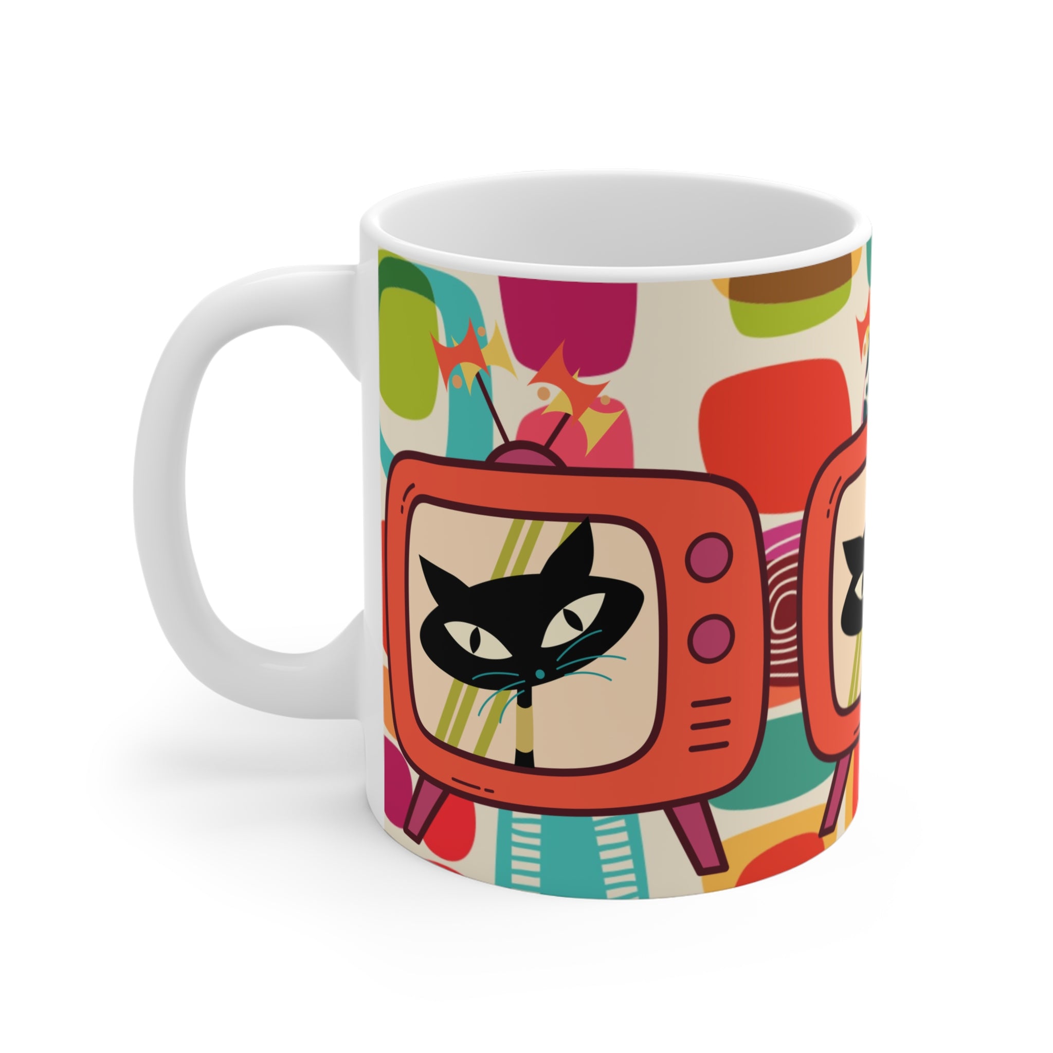 Retro Cat TV Mug, Quirky Coffee Cup for Cat Lovers, Fun Home Decor, Colorful Gift for Birthdays, Housewarming, Pet Owners, Tea Drinkers - Mid Century Modern Gal