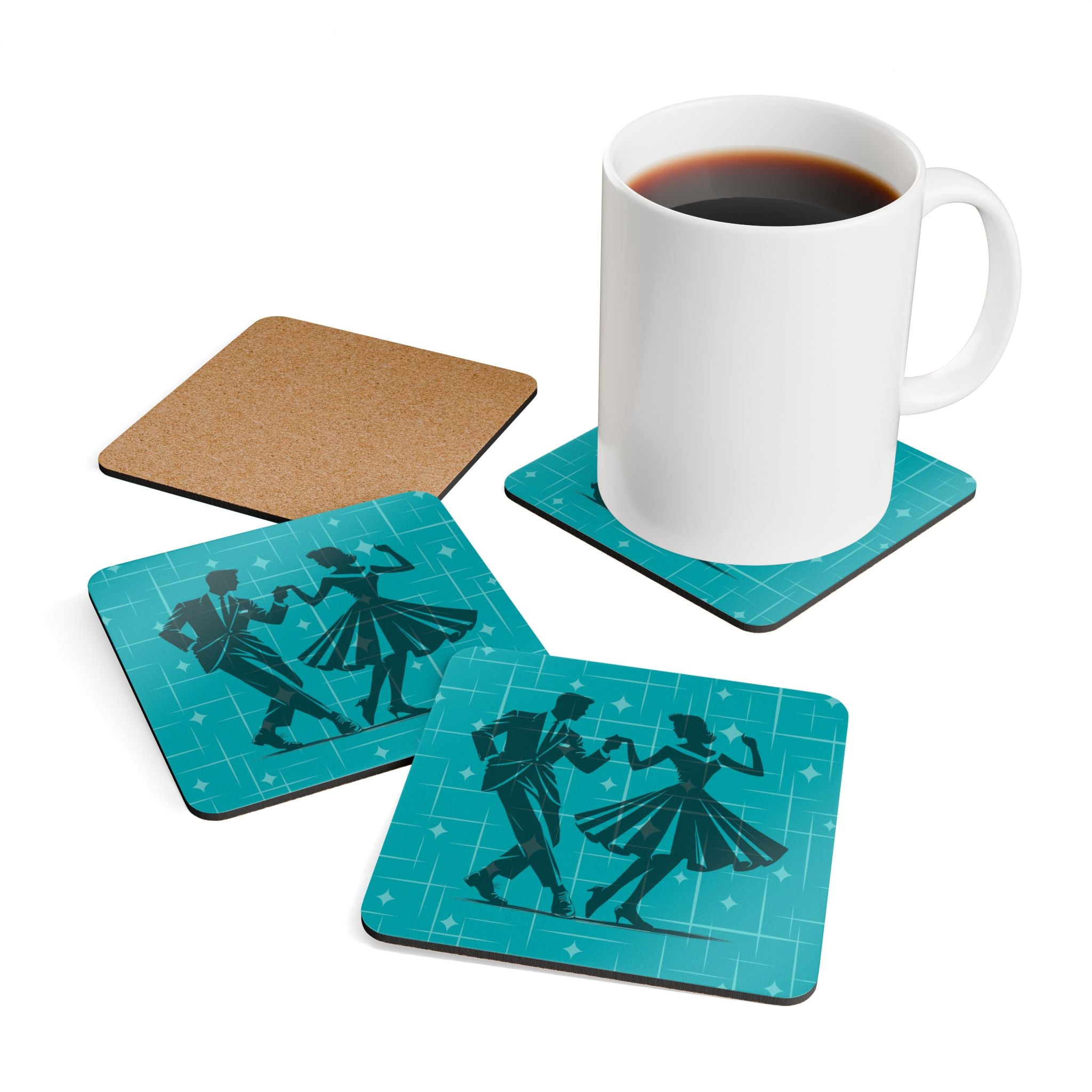 Vintage 50s Kitsch Couple Dance Cork Coaster Set - Retro Style Barware for Home Decor - Mid Century Modern Gal