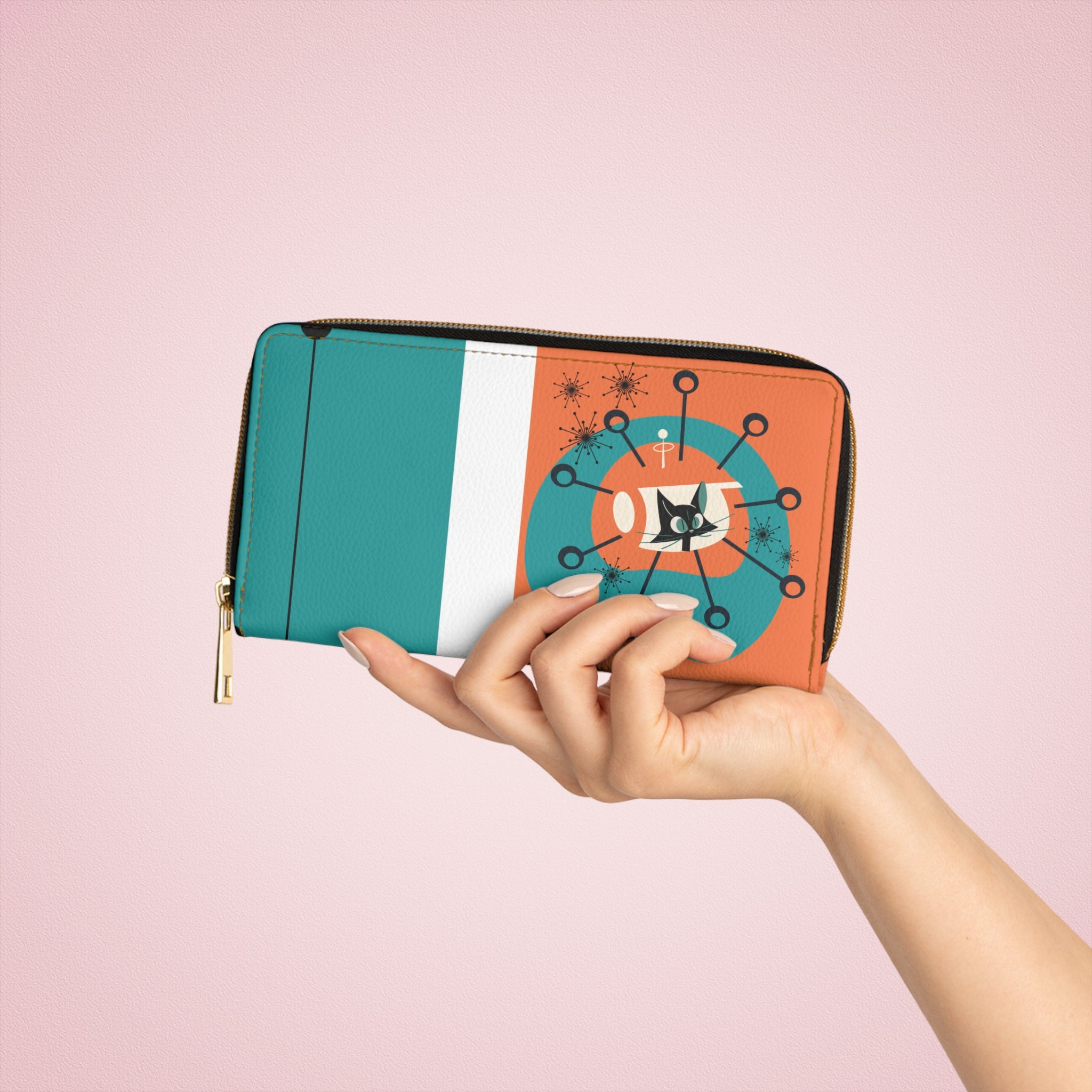 Atomic Cat Orange, Teal Space Age Kitschy Fun Zipper Wallet - Mid Century Modern Gal