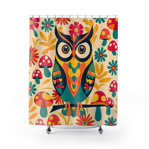 Retro 70s Groovy Owl, Mushroom Colorful Owl Shower Curtain - Vibrant Floral Design for Bathroom Decor