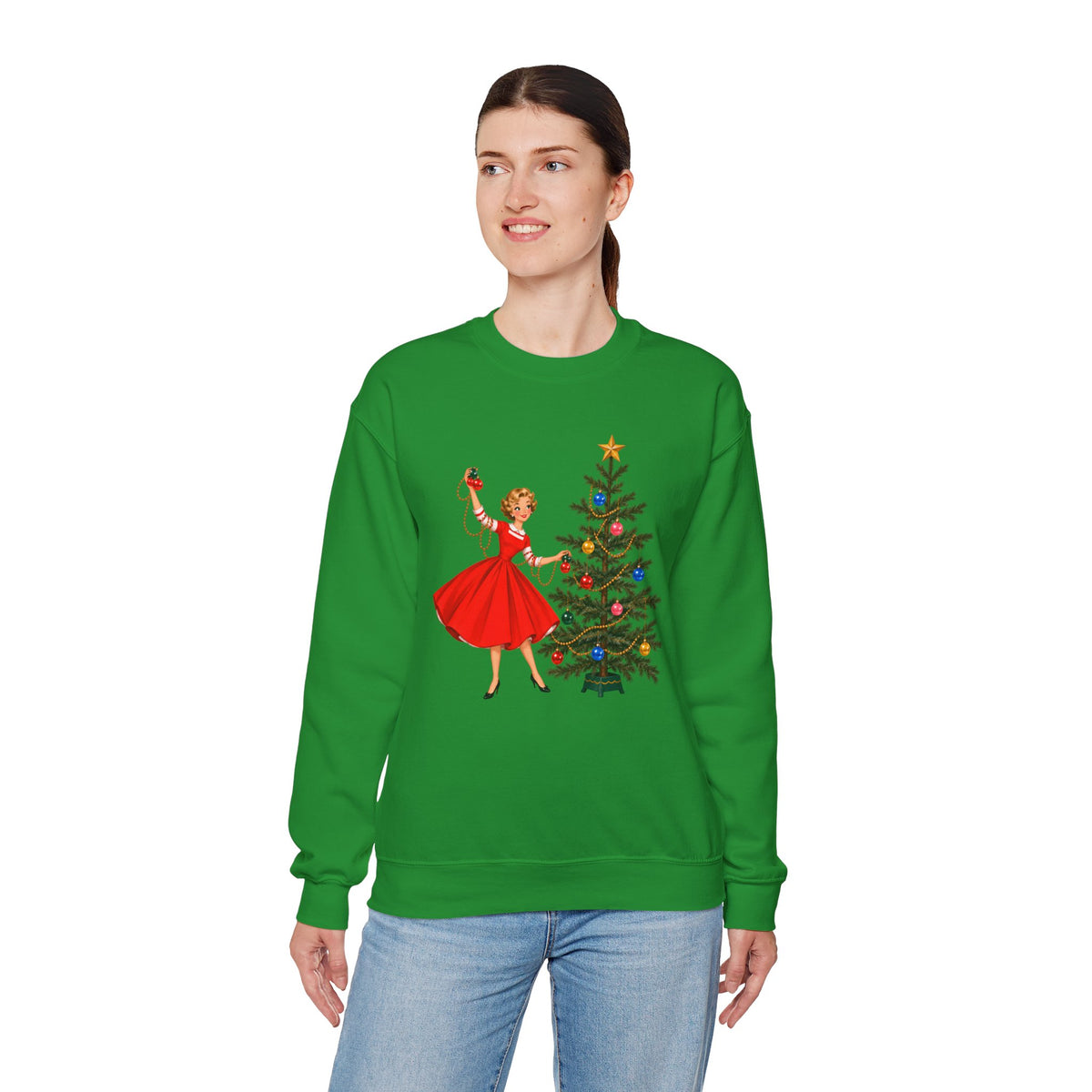 Mid Century Modern Gal Decorating Christmas Tree Unisex Heavy Blend™ Crewneck Sweatshirt - Mid Century Modern Gal