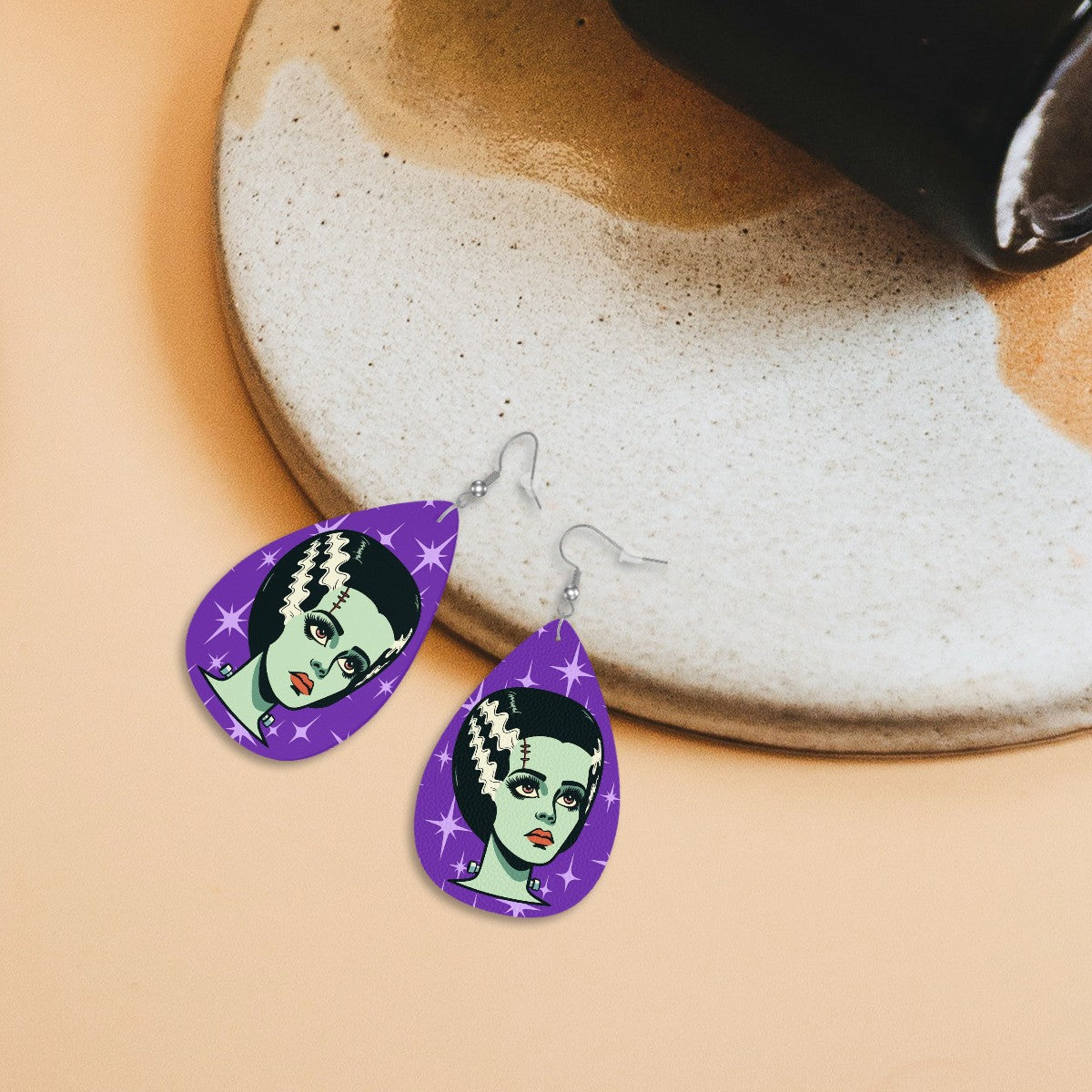 Bride of Frankenstein Retro Mid Mod Horror Buff Purple Halloween Vegan Leather Teardrop Earrings - Mid Century Modern Gal