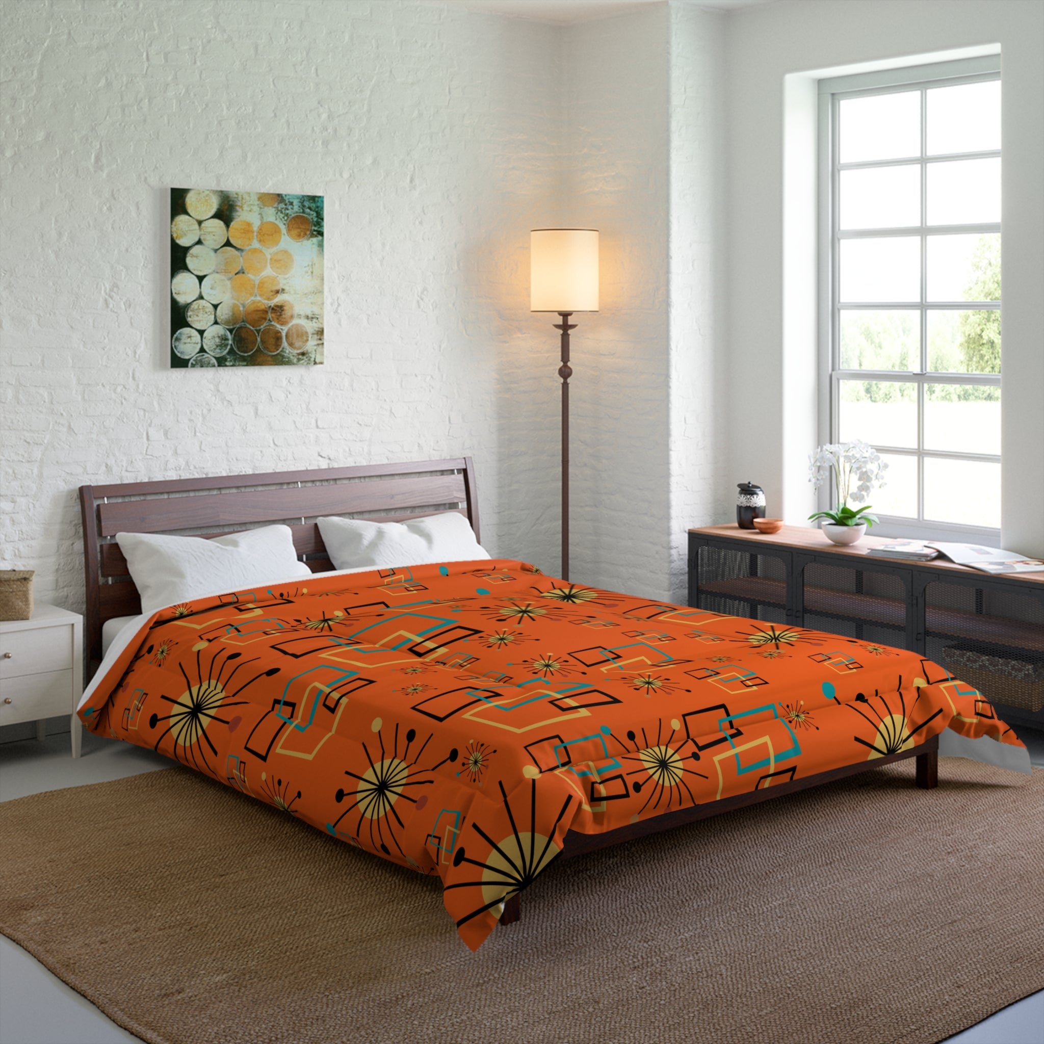 Retro Orange Starburst Mid Century Modern Comforter - Abstract Geometric Pattern for Cozy Bedrooms - Mid Century Modern Gal