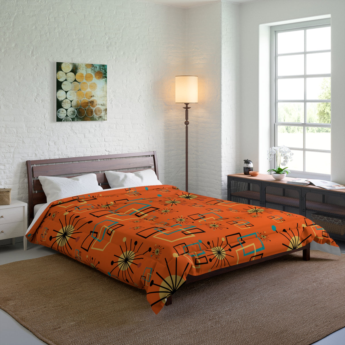 Retro Orange Starburst Mid Century Modern Comforter - Abstract Geometric Pattern for Cozy Bedrooms - Mid Century Modern Gal