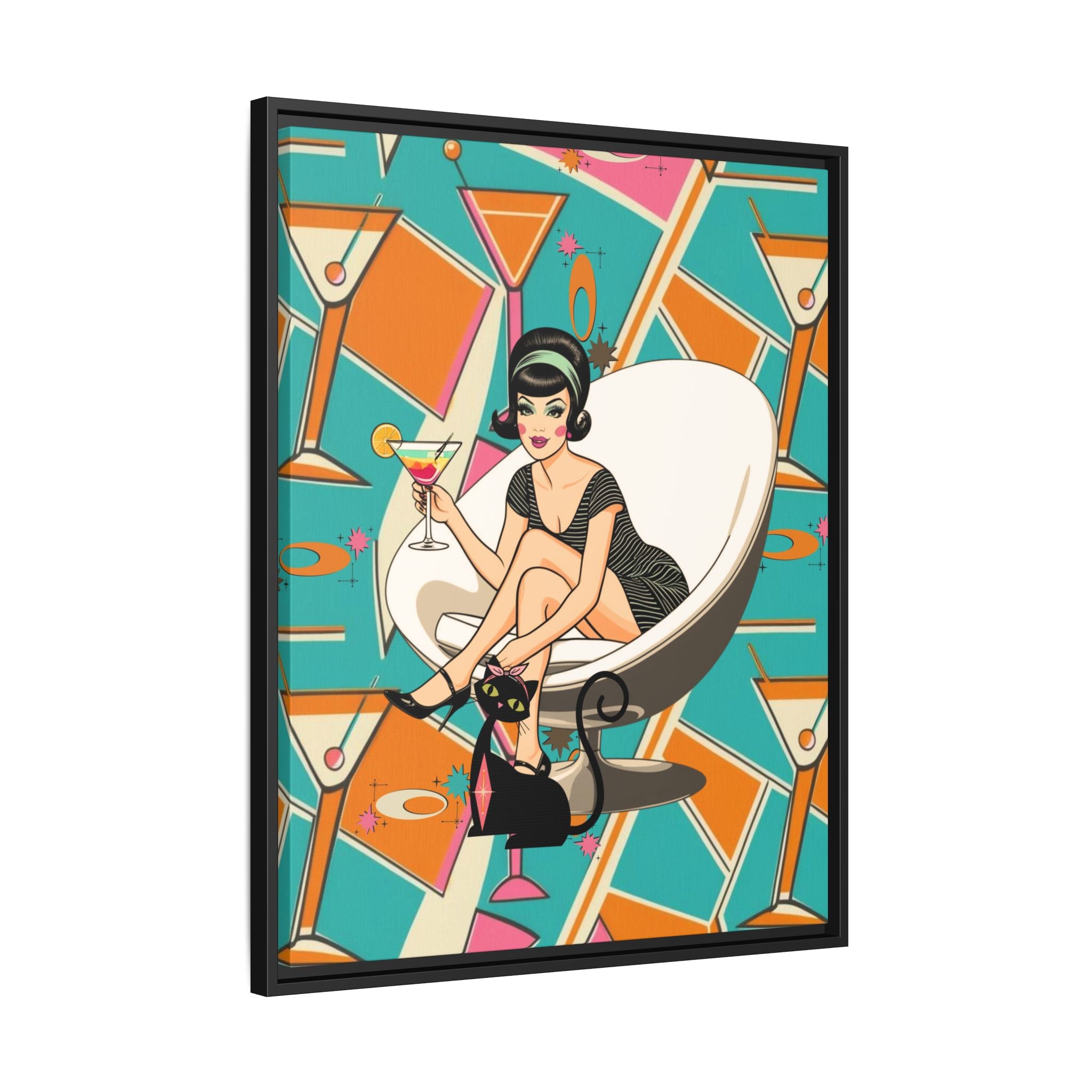 Mid Mod 60s Gal, Atomic Cat Barware Wall Art - Framed Matte Canvas with Vintage Cocktail And Retro Cat Design