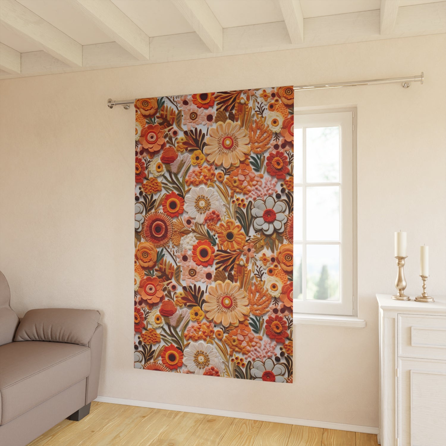 Mid Century Modern Embroidery Fauxed Flower, Floral Black Out Window Curtain (1 Piece) - Mid Century Modern Gal
