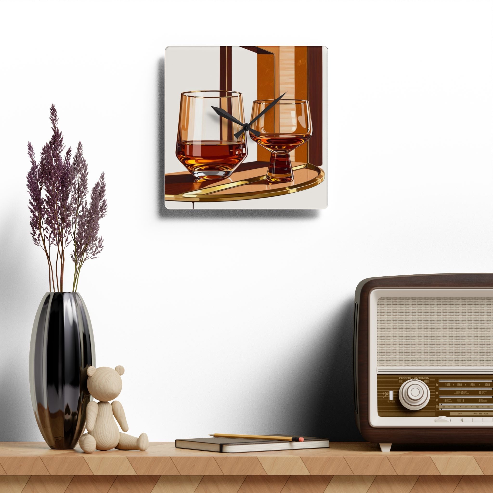 Bourbon Whiskey Glasses Art Mid Century Modern Barware Acrylic Wall Clock - Stylish Home Décor - Mid Century Modern Gal