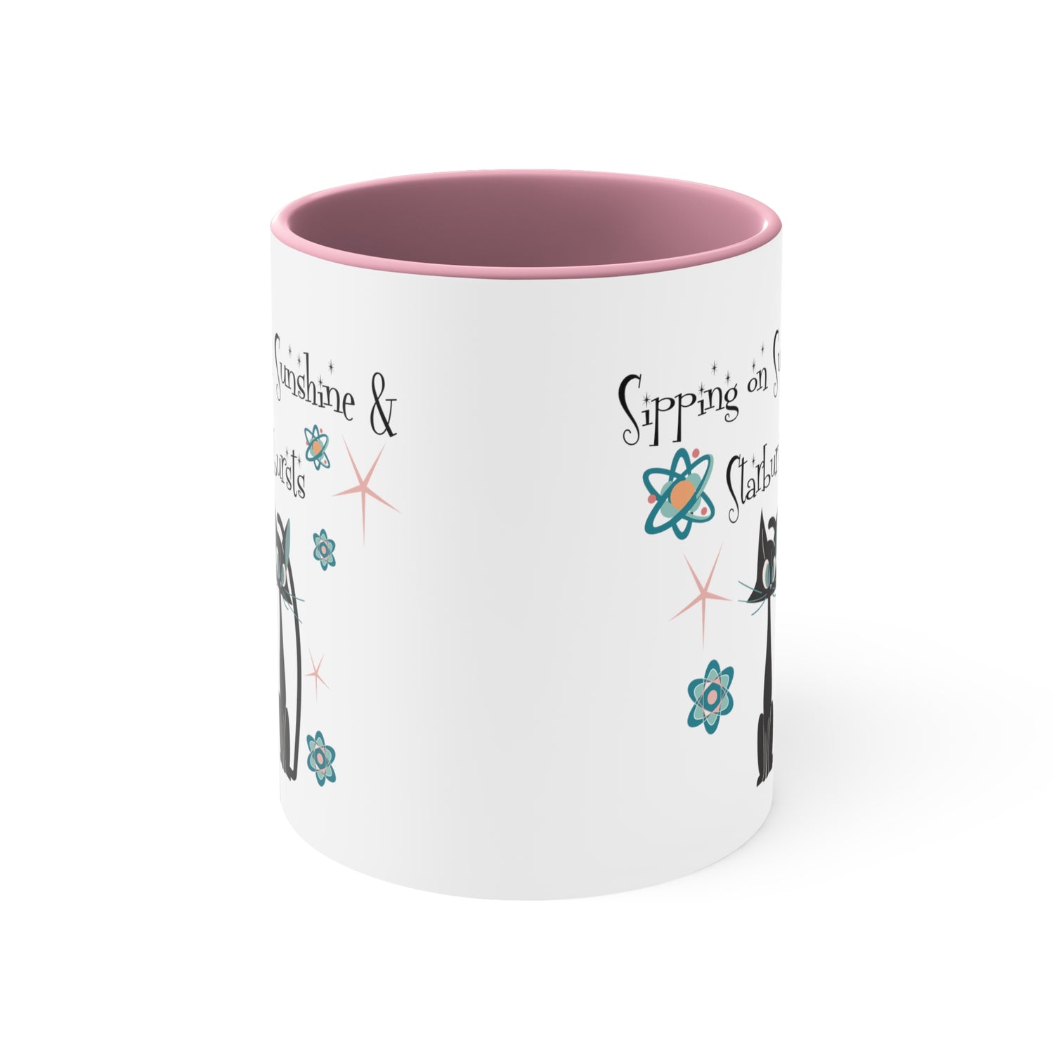 Atomic Cat Coffee Mug, Sipping On Sunshine, Mid Century Modern Style, Atoms, Starbursts Gifts For Couples, Mom, Mid Mod Friend - Mid Century Modern Gal
