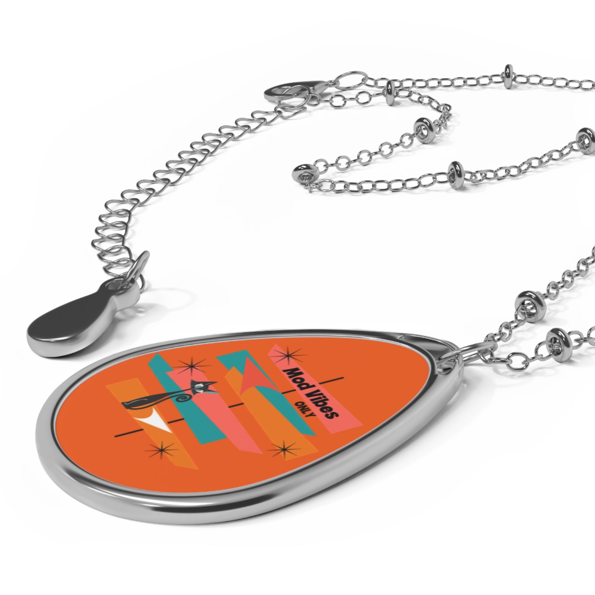 Atomic Cat Mod Necklace Retro Cat Design Oval Necklace - Good Vibes Only Jewelry - Mid Century Modern Gal