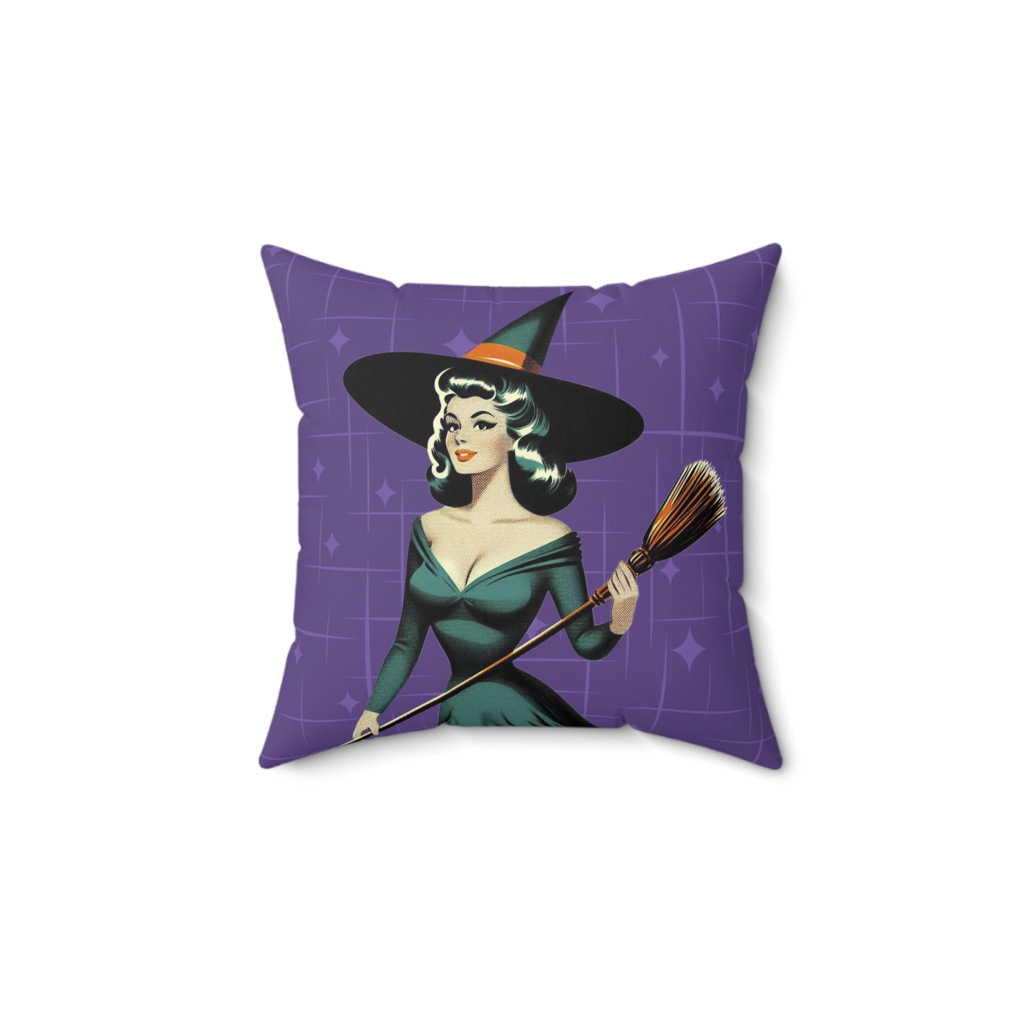 Mid Century Modern Vintage Pin Up Witch Halloween Purple Teal Halloween Pillow Cover and Insert - Mid Century Modern Gal