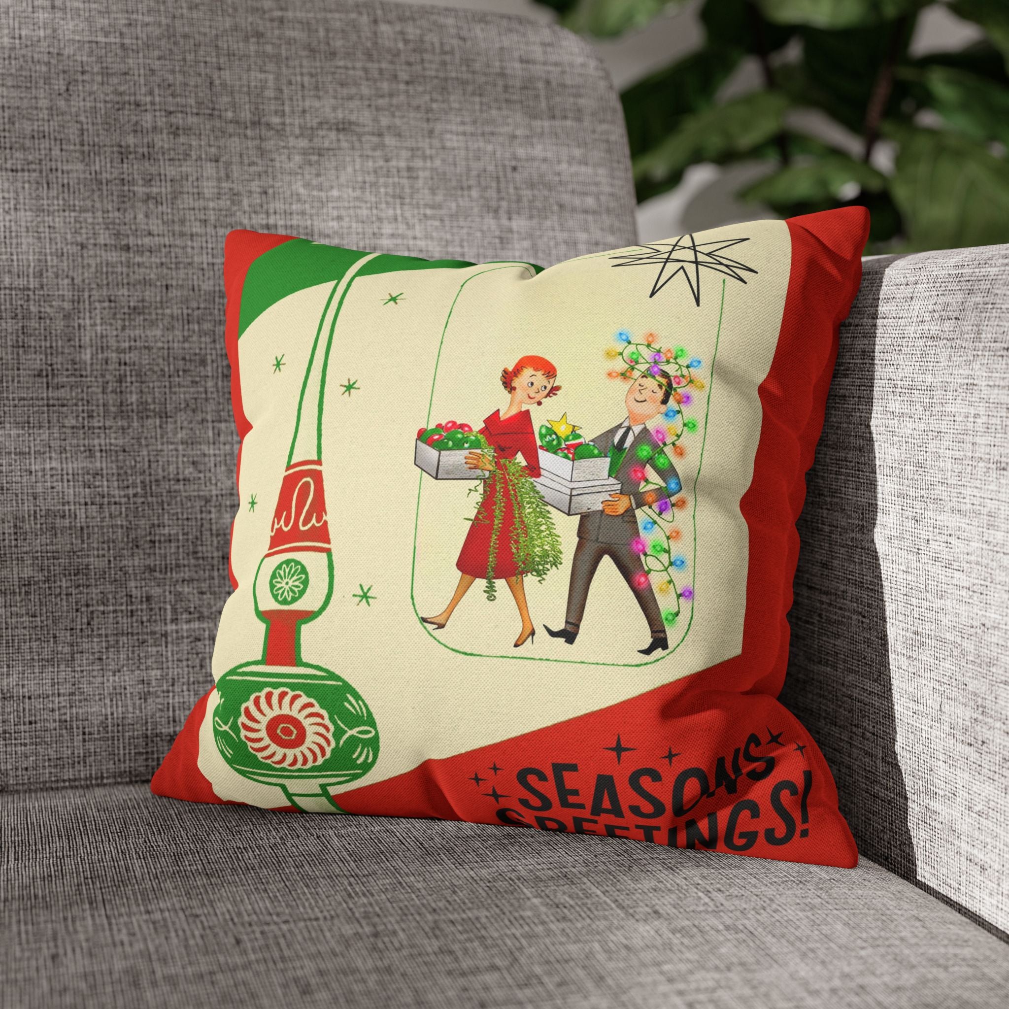 Shiny Brite Holiday Pillow Cover, Mid Century Modern Kitschy Couple Season Greetings - Mid Century Modern Gal