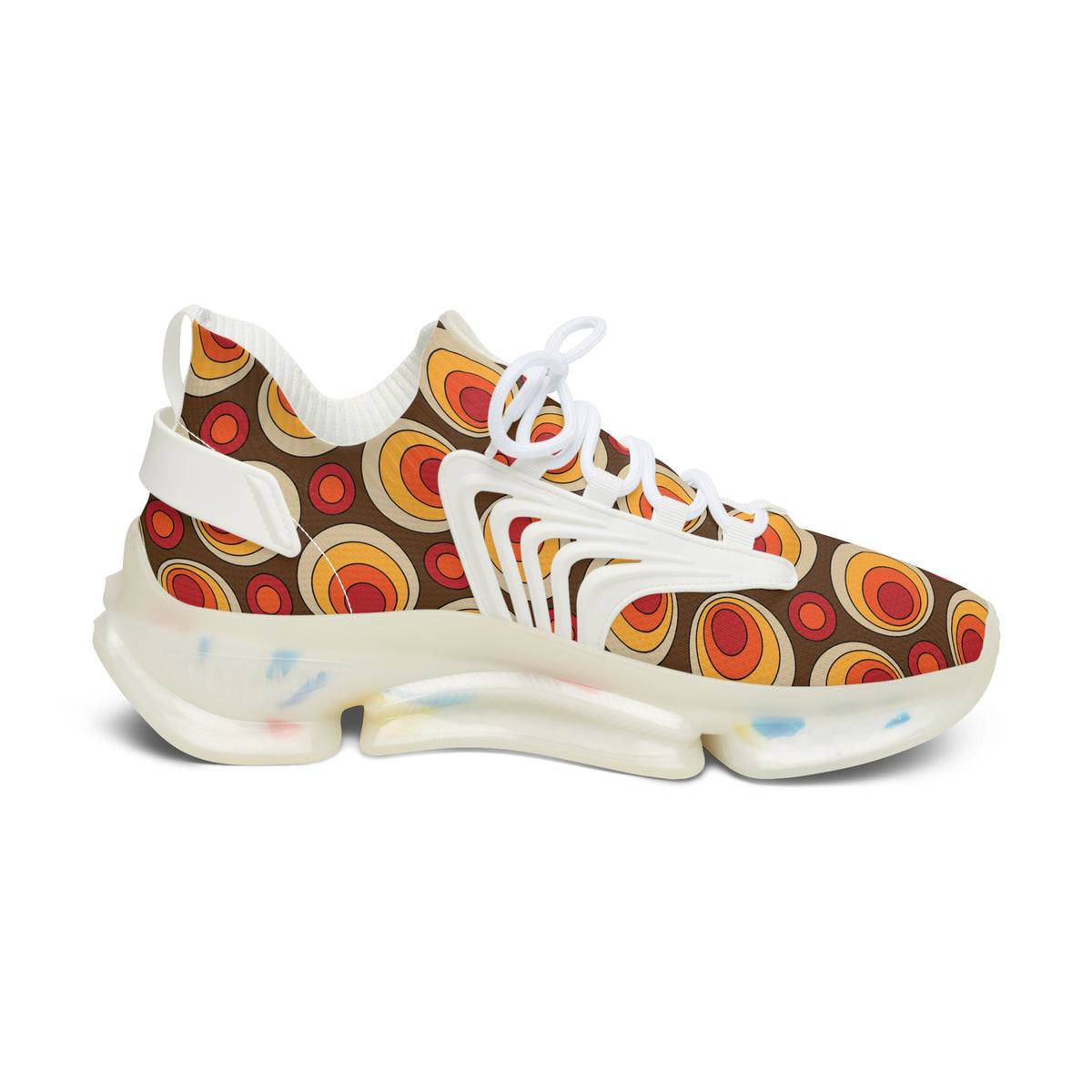 Retro Groovy Orbs, Brown, Orange Yellow Hip Style Women's Mesh Sneakers with Colorful Design - Mid Century Modern Gal