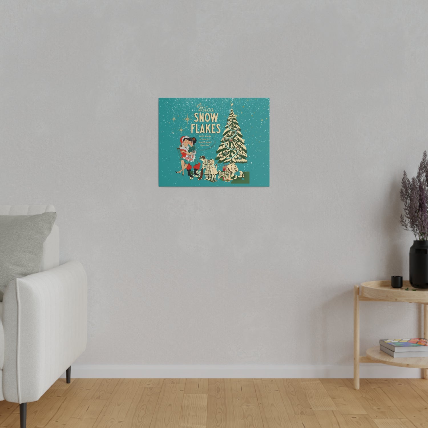 Mid Century Modern Kitschy Christmas Mantel Wall Art, Teal Blue, Mica Snow 50s Mod Couple Christmas Scene Canvas Art - Mid Century Modern Gal