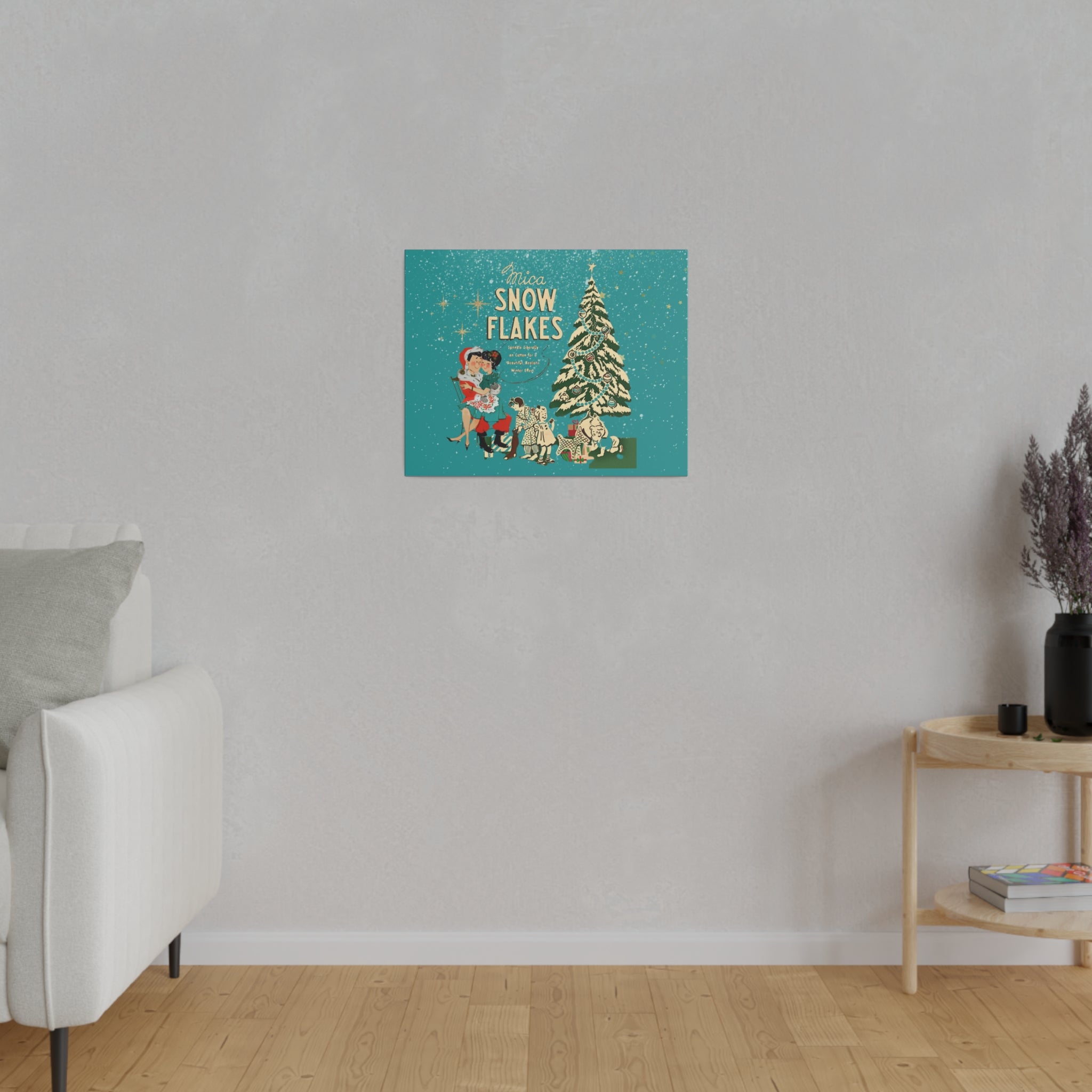 Mid Century Modern Kitschy Christmas Mantel Wall Art, Teal Blue, Mica Snow 50s Mod Couple Christmas Scene Canvas Art - Mid Century Modern Gal