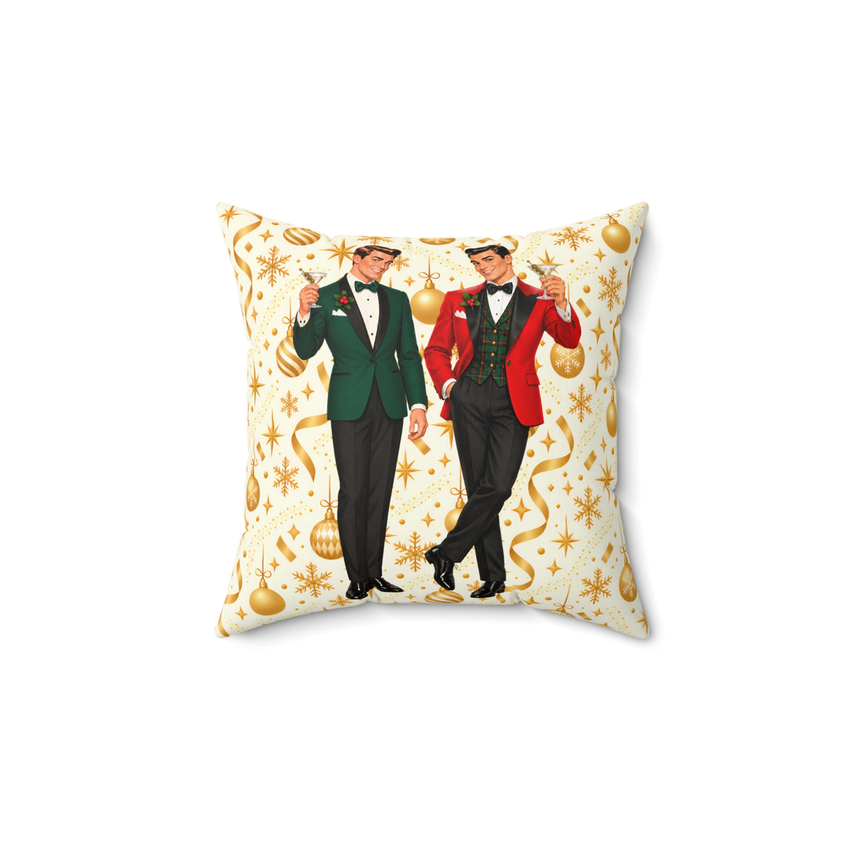 Mid Century Modern Christmas Martini Dapper Gay Male Couple Pillow Cover and Insert