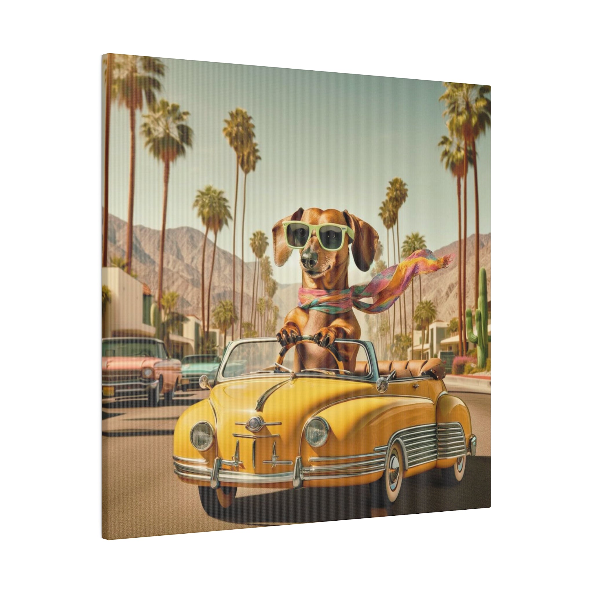 Funny Doxie Dachshund Palm Spring California Driving 50s Inspired Kitschy Wall Art - Mid Century Modern Gal