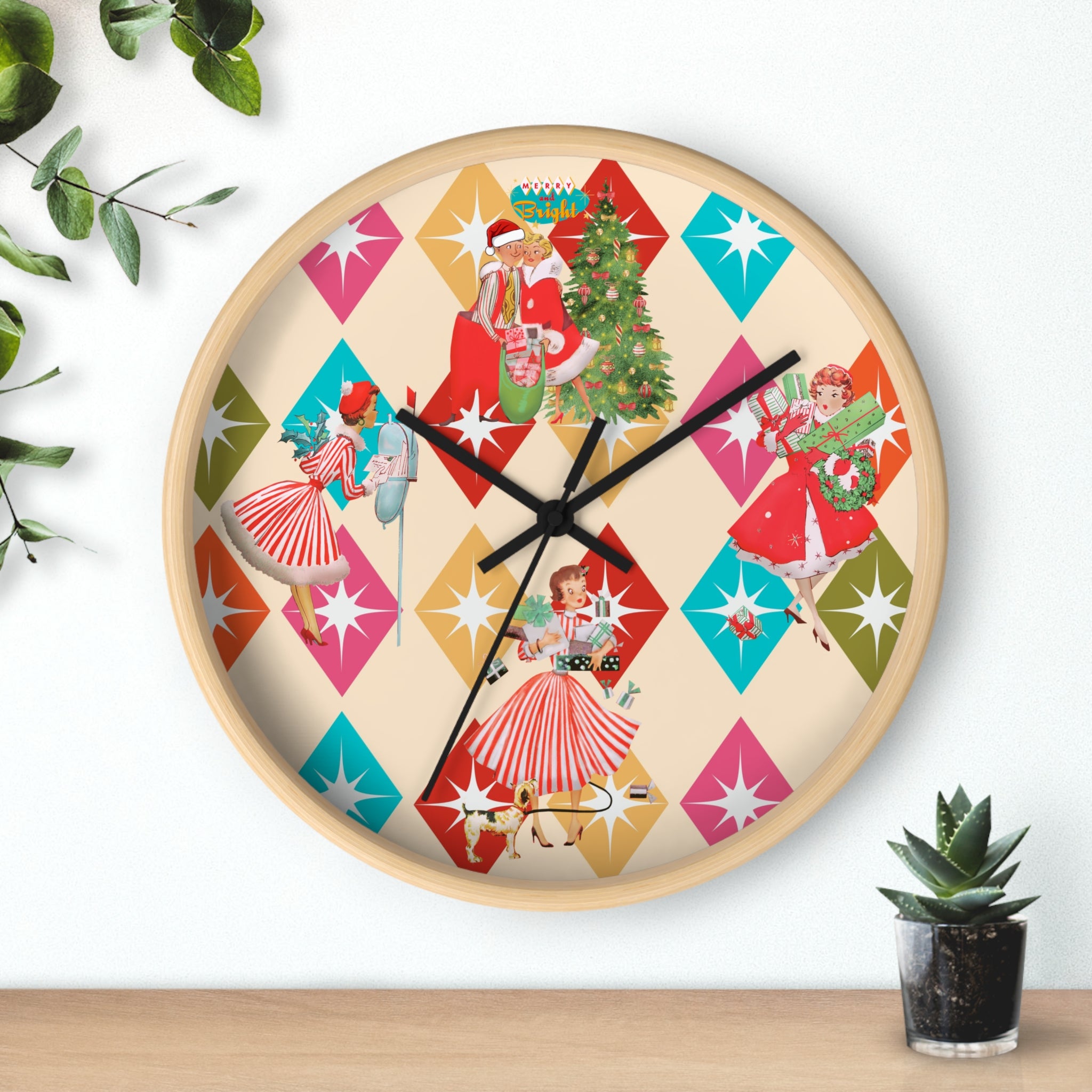 Holiday Retro Vintage Christmas Kitsch, Mid Century Modern Christmas Card Fun Kitschy 50s X-mas Wall Clock - Mid Century Modern Gal