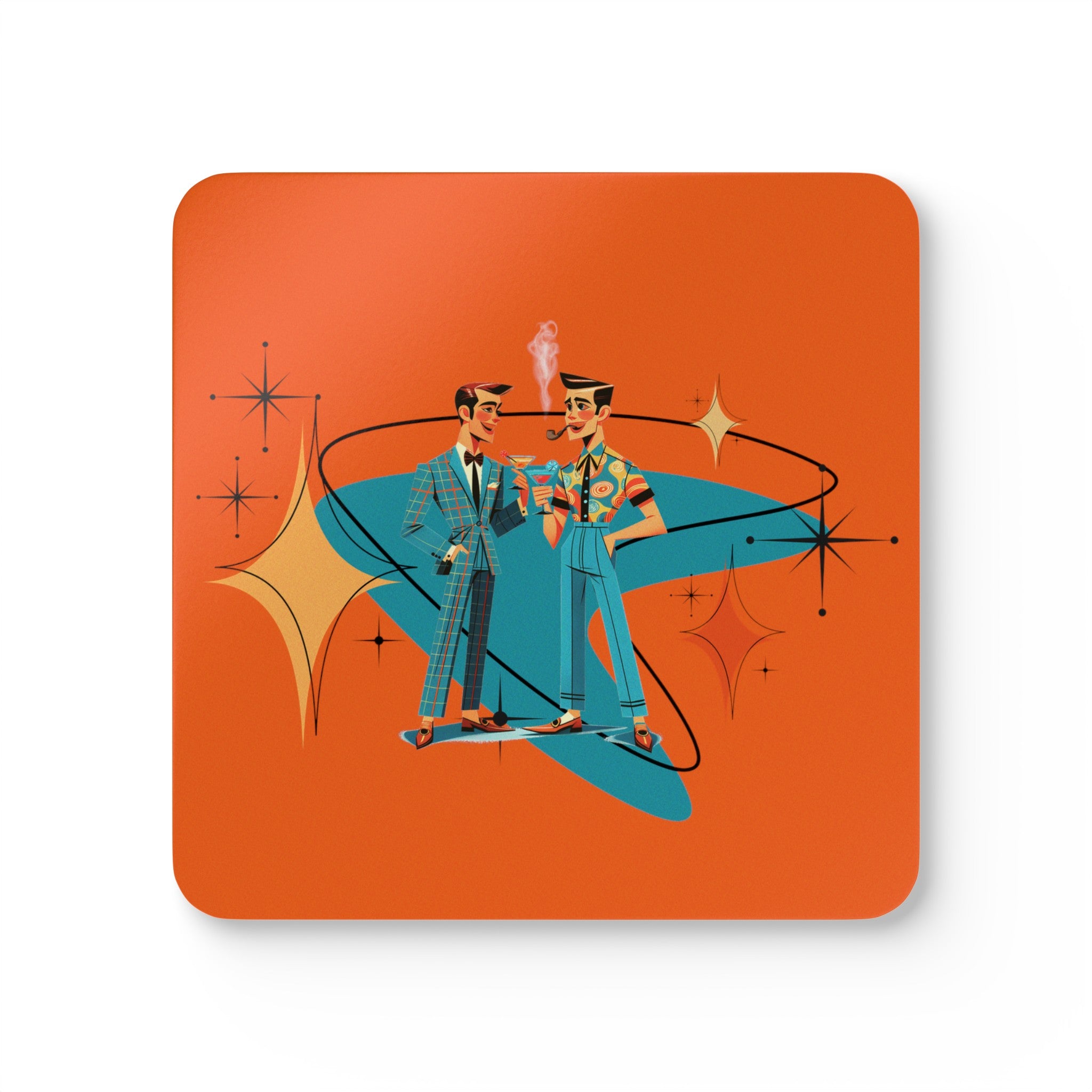 Mid Century Modern Gay Male Couple Gifts, Quirky Kitschy Sinatra Orange Corkwood Coaster Set - Mid Century Modern Gal