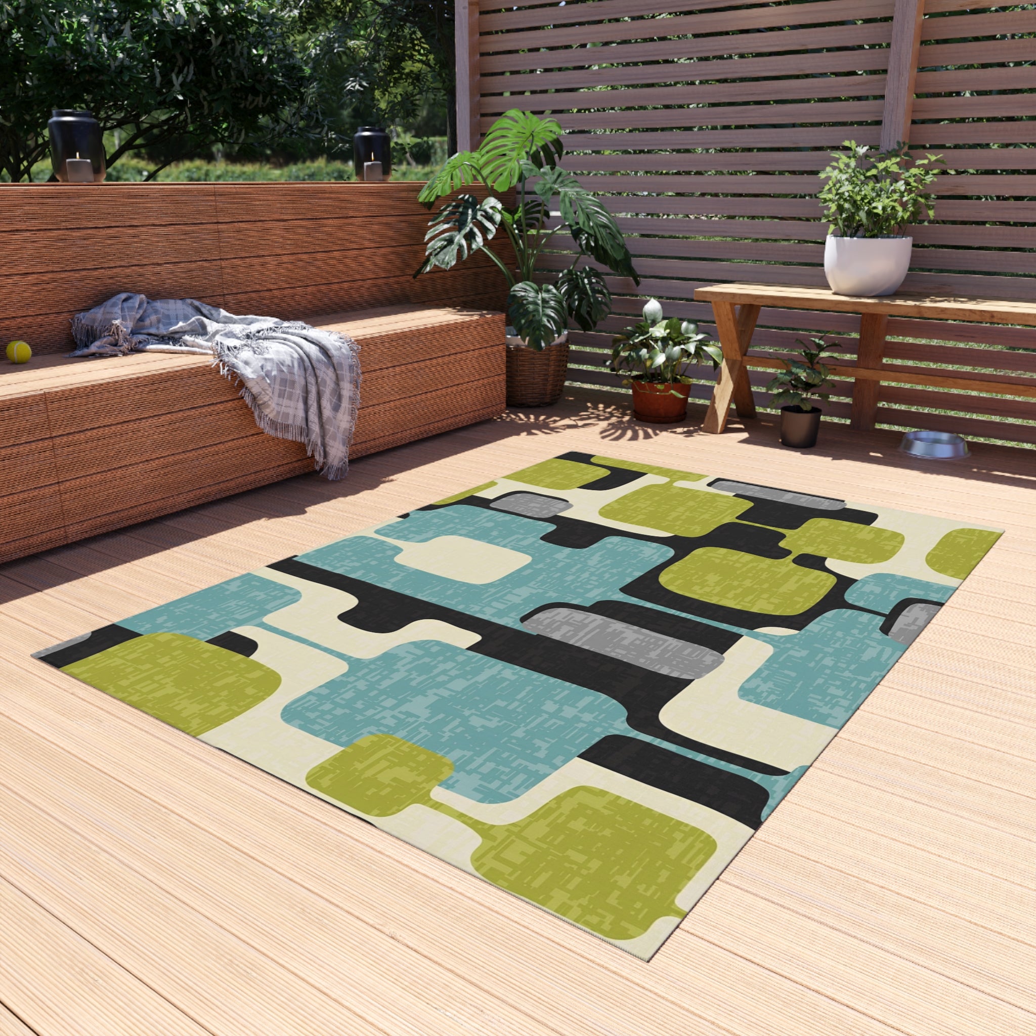 Mid Century Modern Geometric Indoor, Outdoor Area Rug, Lime Green, Aqua Blue, Black - Mid Century Modern Gal