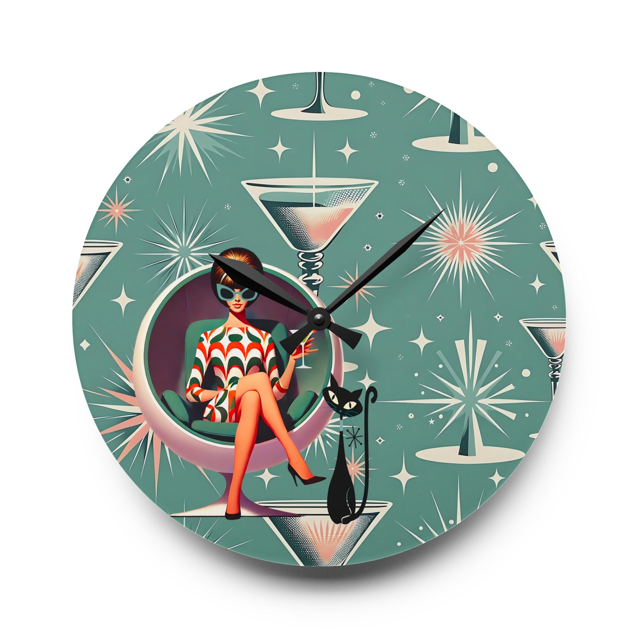Retro 60s Gal, Martini Lover, Atomic Cat Glam Acrylic Wall Clock - Mid-Century Modern Design with Chic Cocktail Vibe - Mid Century Modern Gal