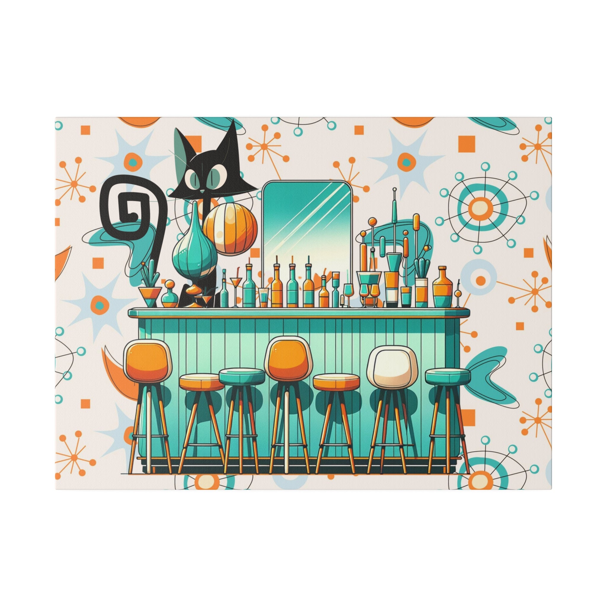 Atomic Cat, Mid Century Modern Kitschy Bar, Orange, Teal Mid Century Modern Wall Art - Mid Century Modern Gal