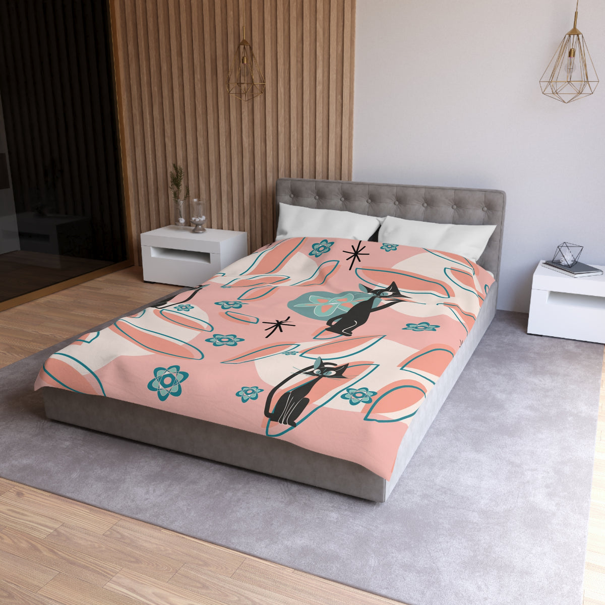 Atomic Cat Mid Century Modern Bedding, Coral Peach, Kitschy Abstract, Atomic Space, MCM Kitschy 50s Duvet Cover - Mid Century Modern Gal