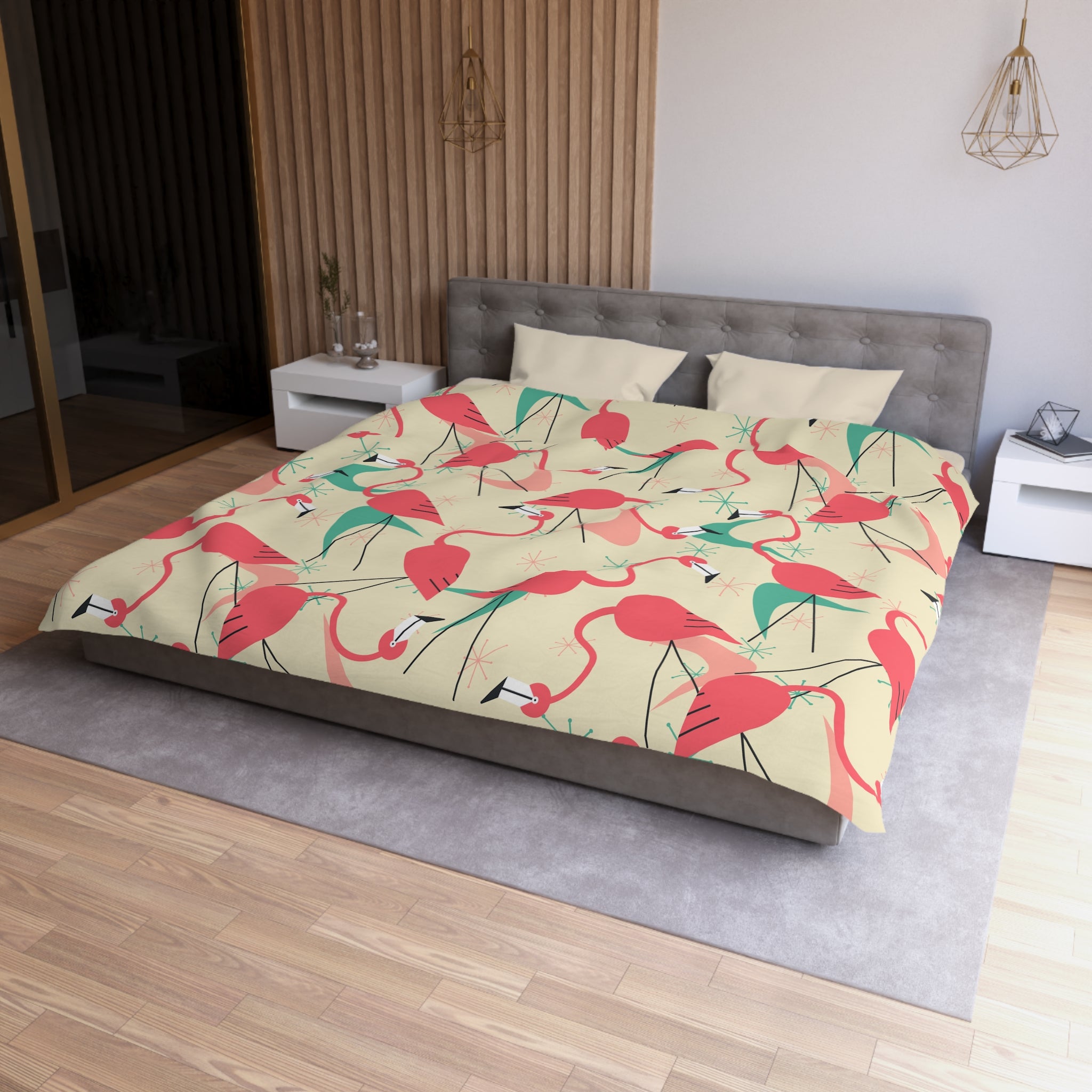 Palm Springs California Kitschy Quirky Dancing Tropical Flamingos Duvet Cover - Fun Summer Bedding - Mid Century Modern Gal