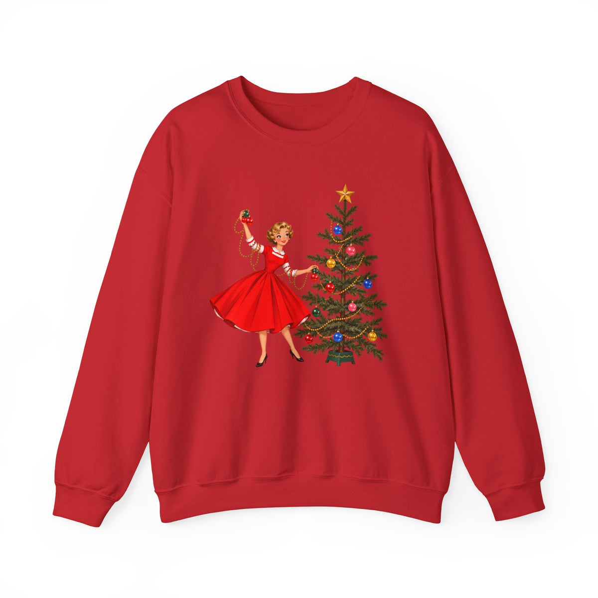 Mid Century Modern Gal Decorating Christmas Tree Unisex Heavy Blend™ Crewneck Sweatshirt - Mid Century Modern Gal