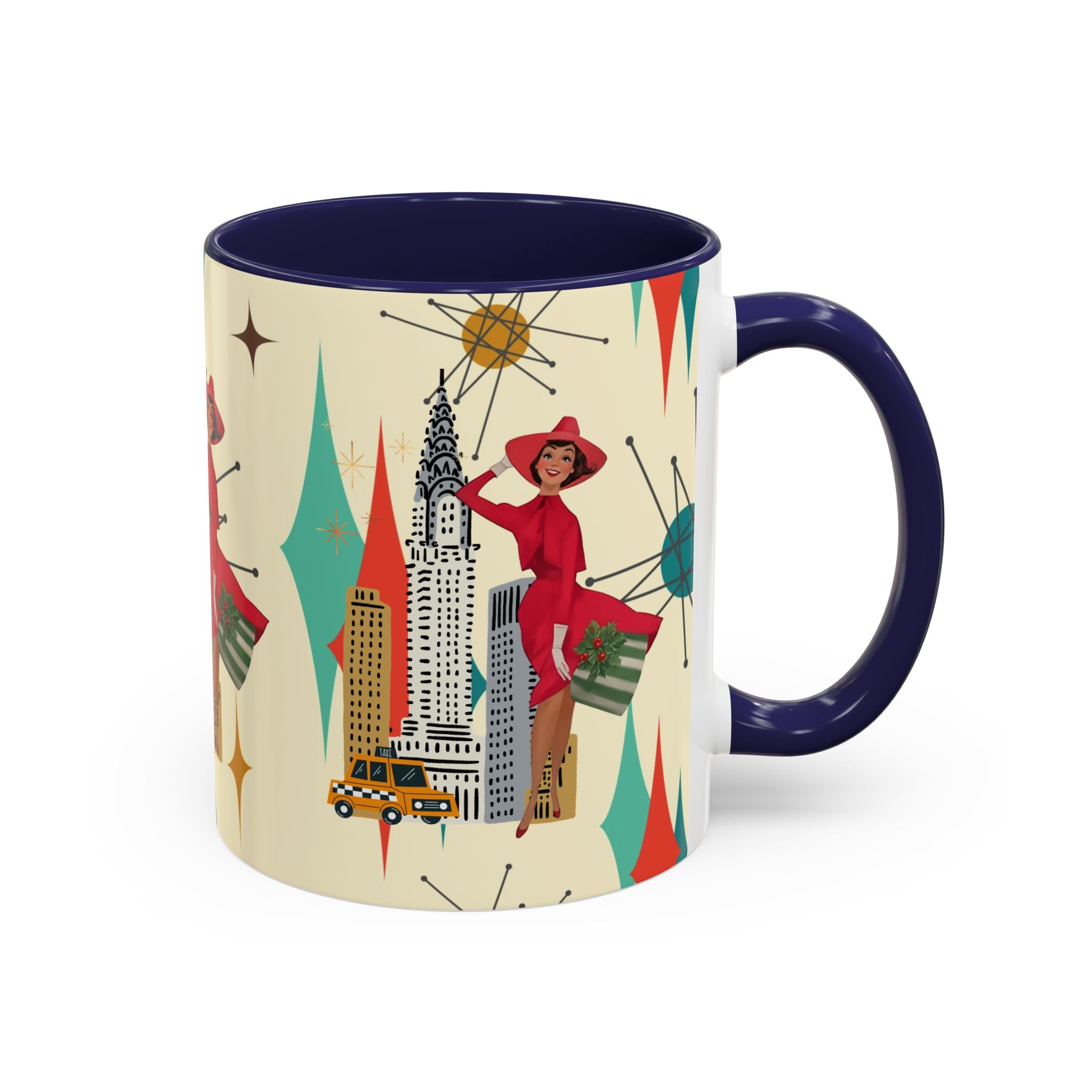 Mid Century Modern Kitschy Christmas Gal, Franciscan Starburst Diamond Retro Chic Accent Coffee Mug - Vintage Cityscape Design - Mid Century Modern Gal