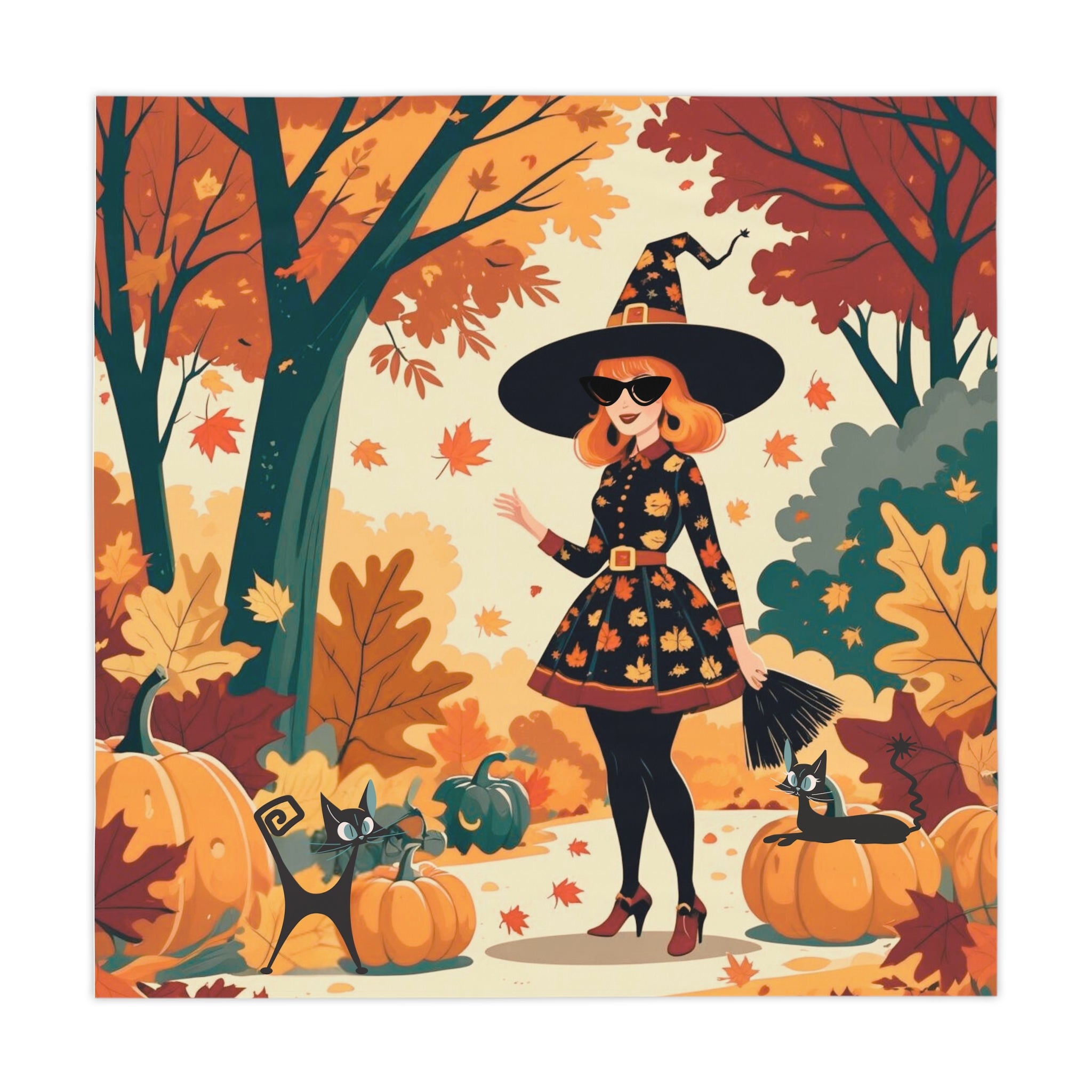 Mid Century Modern Fall Halloween Kitschy Witch Atomic Cat Tablecloth - Mid Century Modern Gal