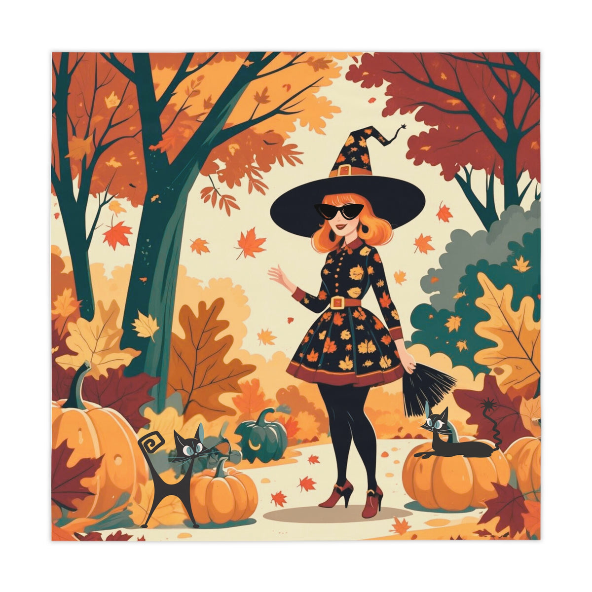 Mid Century Modern Fall Halloween Kitschy Witch Atomic Cat Tablecloth - Mid Century Modern Gal