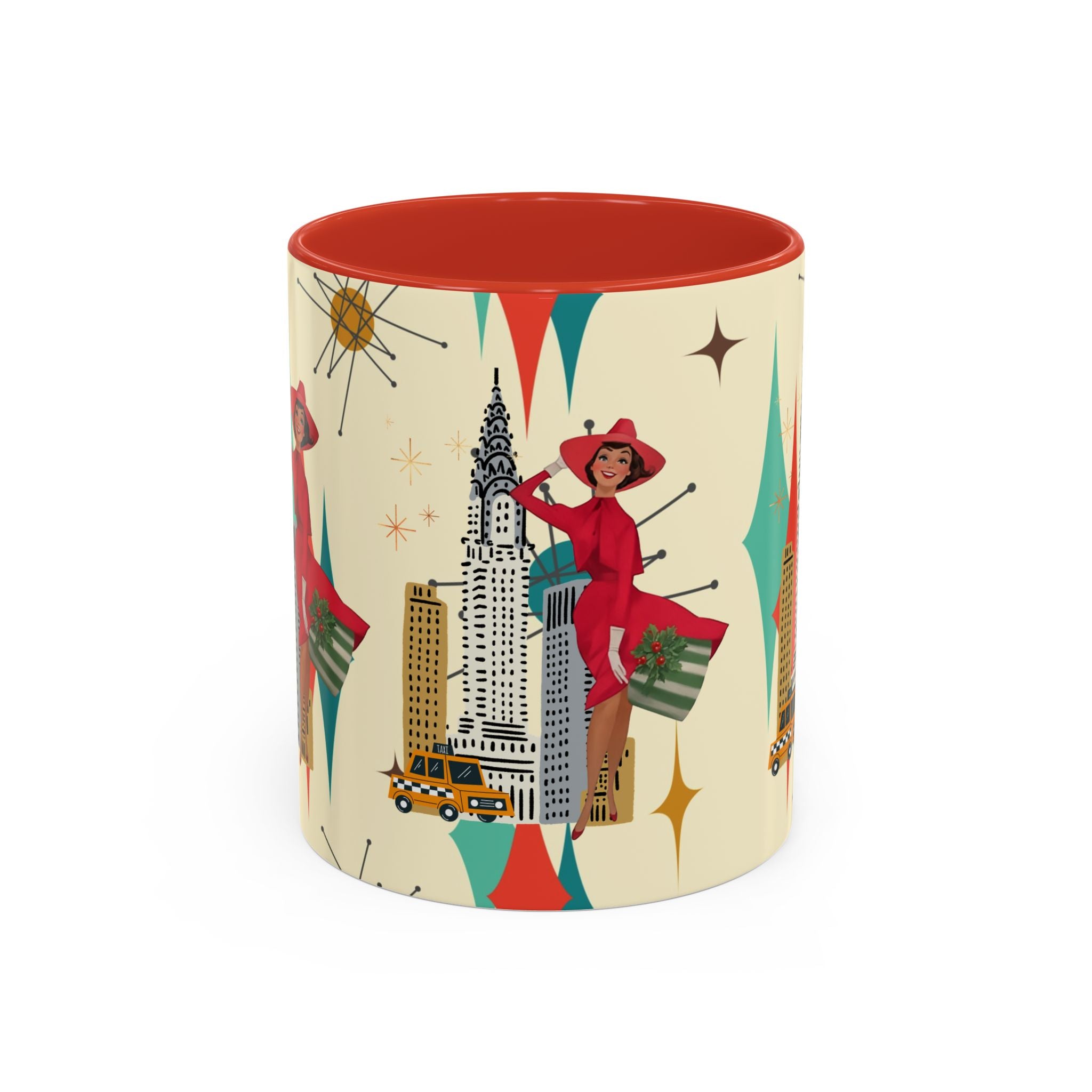 Mid Century Modern Kitschy Christmas Gal, Franciscan Starburst Diamond Retro Chic Accent Coffee Mug - Vintage Cityscape Design - Mid Century Modern Gal