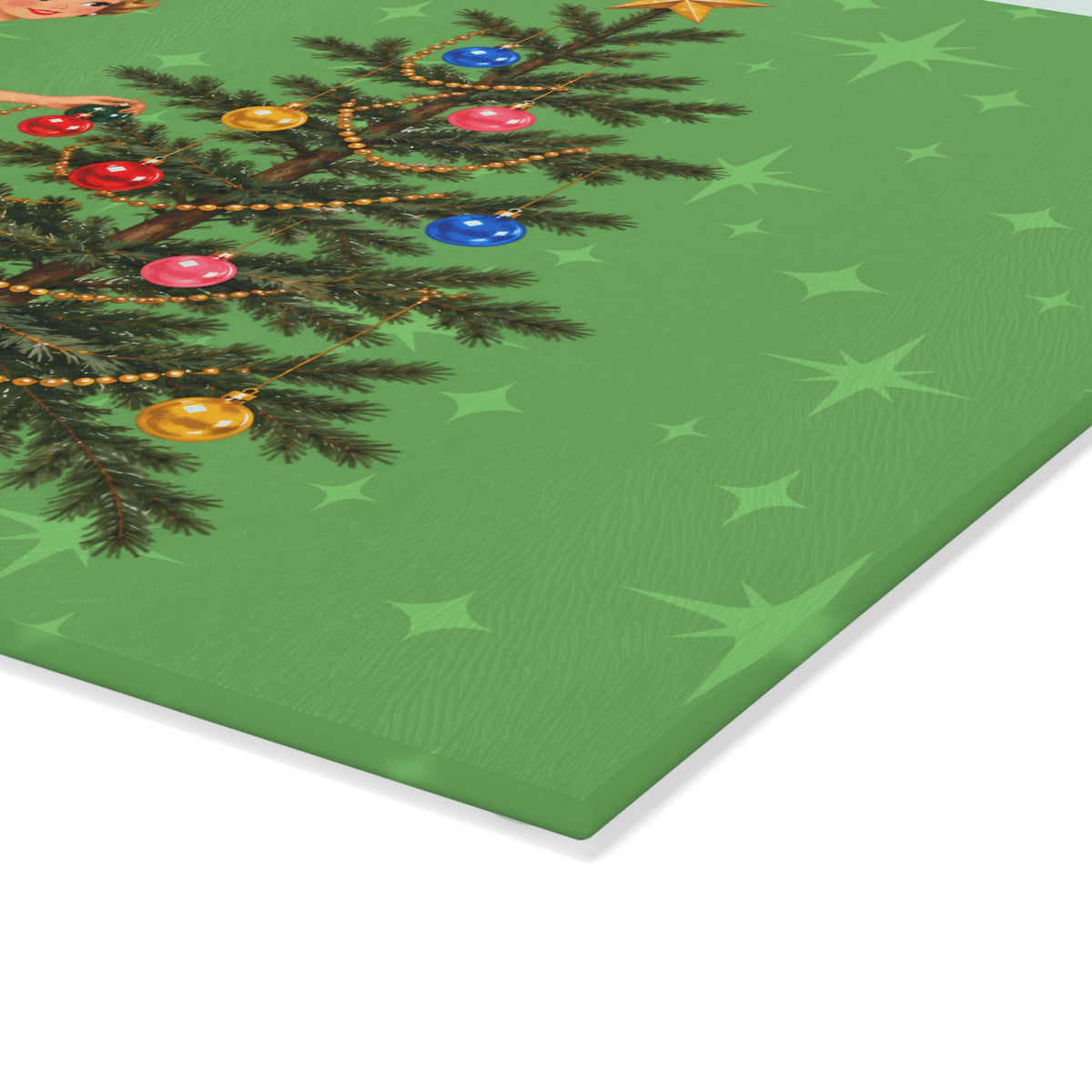 Mid Century Modern Gal Decorating Christmas Tree, Green Atomic Starbursts Glass Cutting Board