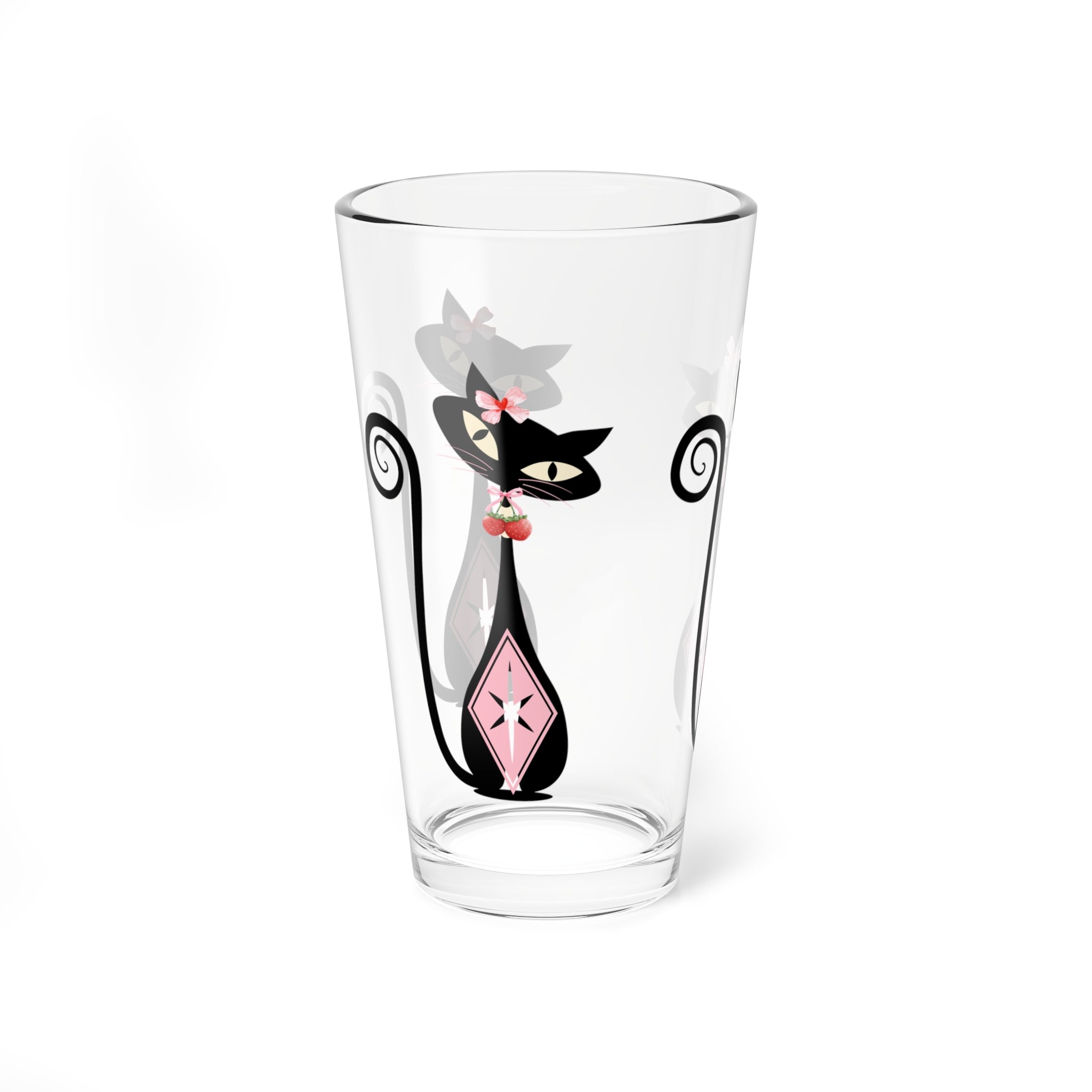 Atomic Cat, Strawberry Love Whimsical Cat Mixing Glass - Perfect for Cat Lovers & Entertaining - Mid Century Modern Gal