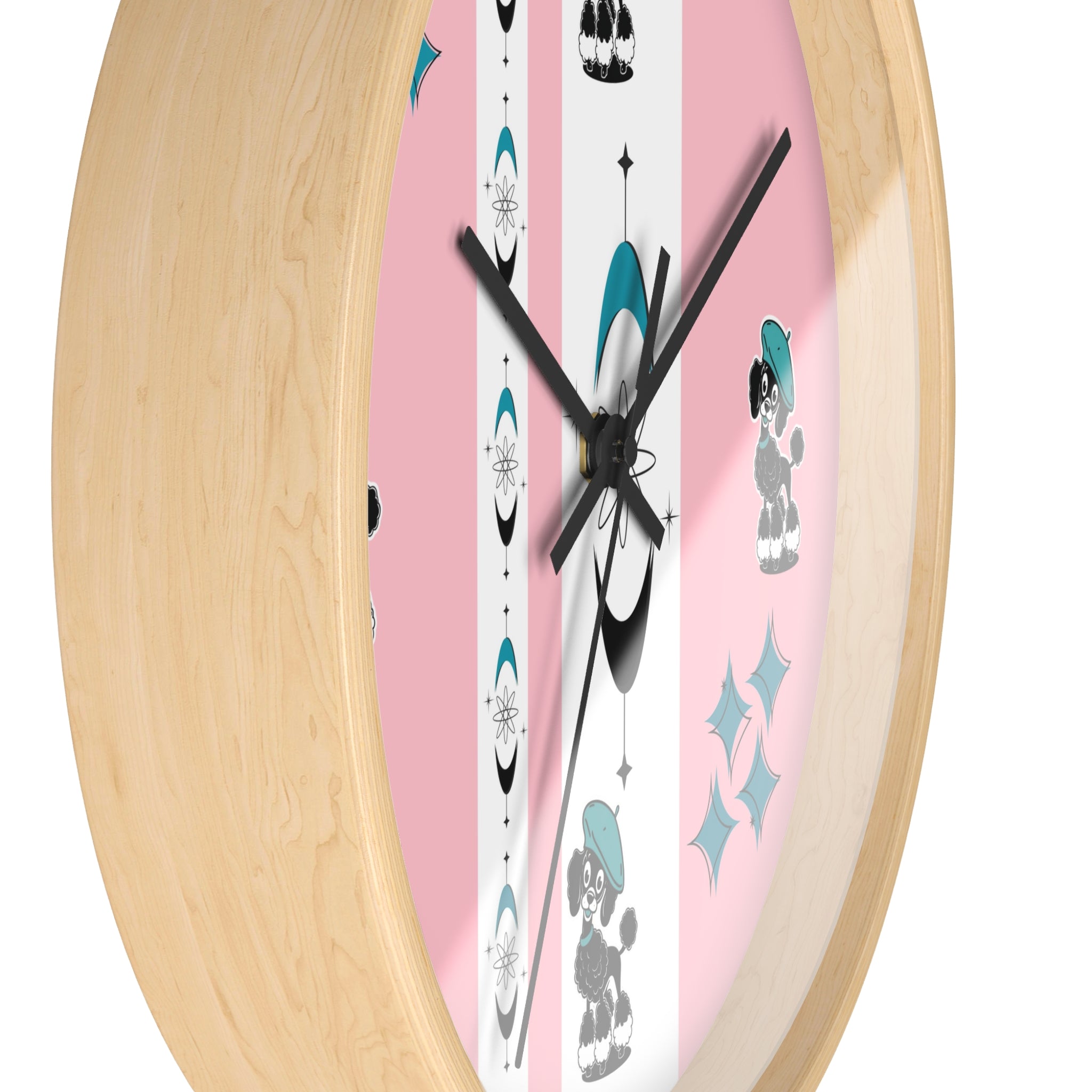 Mid Century Modern Atomic Pink Starburst Wall Clock with Cute Retro Mod Poodle Design - Mid Century Modern Gal